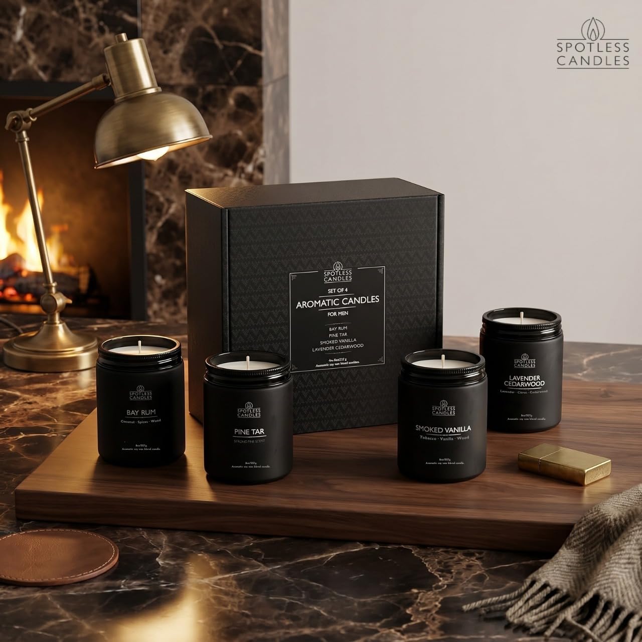 Men's Candle Gift Set; 4 x 8oz Scented Candles; Bay Rum, Pine Tar, Smoked Vanilla, Lavender Cedarwood; 200 Hours Burn Time; Matte Black Glass Jars; Premium Black Gift Box by Spotless Candles