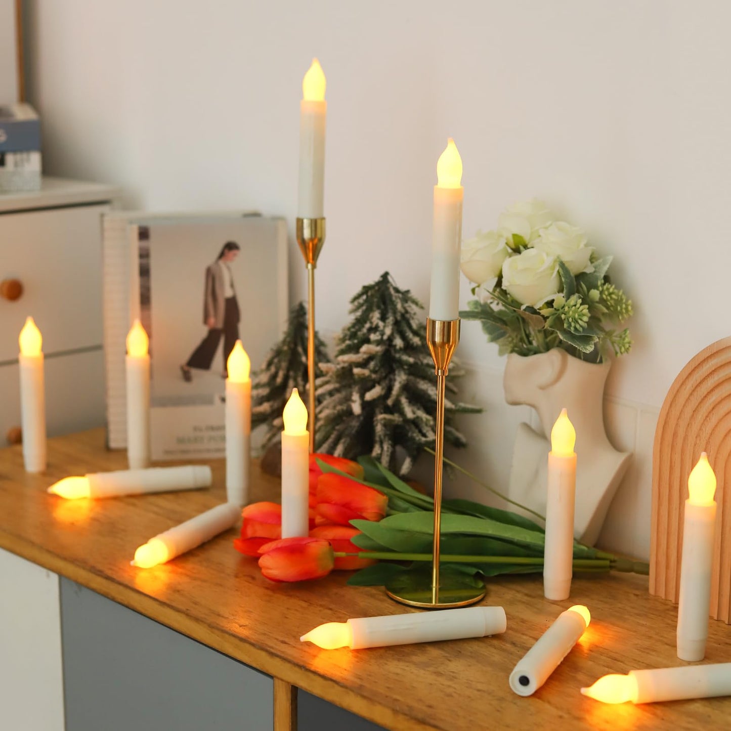 MUMCHASI Flameless Candles Battery Operated Candlesticks Flickering Led Candles Electric Flameless Taper Candlesticks Church Wedding Party Kids Home Decor H: 6 inches 12 Packs No Remote