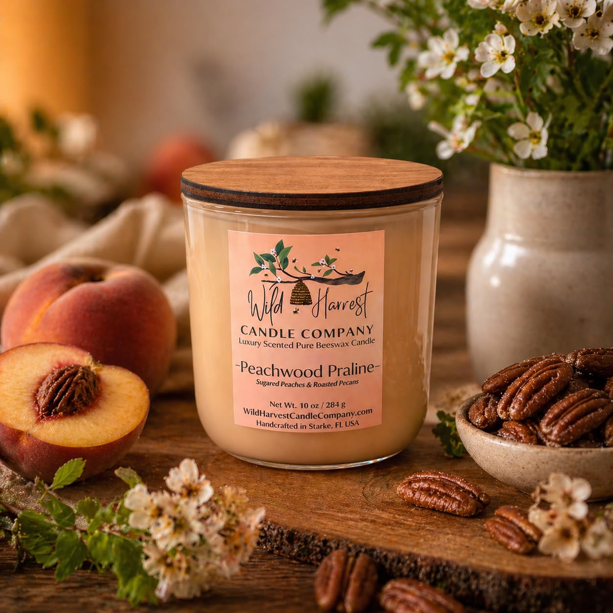 Peachwood Praline Scented Pure Beeswax Candle – Sugared Peach & Roasted Pecan Scent – 10 oz Luxury Handcrafted Candle in Peach Glass Jar – Double Wick Clean Burning Candle - Made in USA