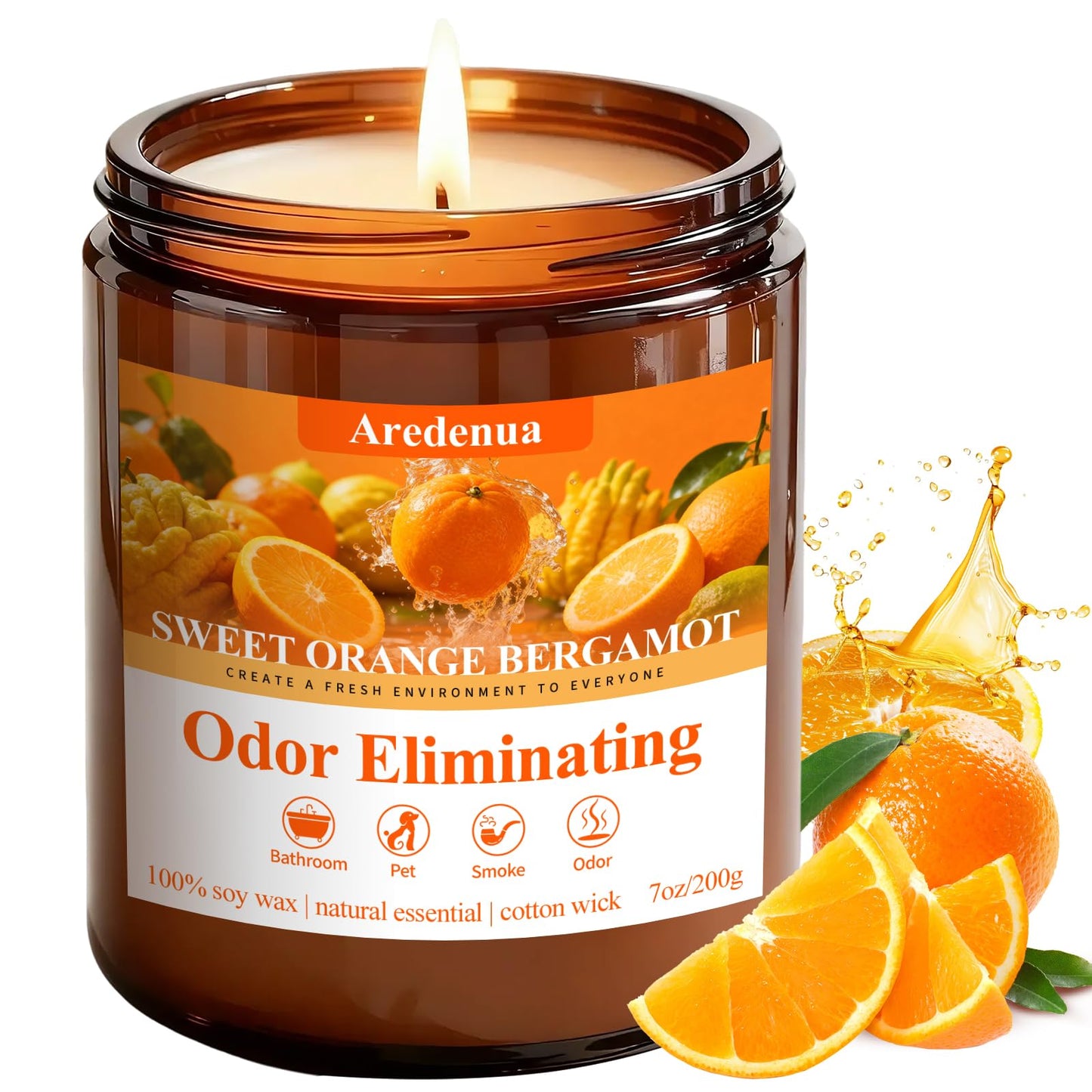 Aredenua Sweet Orange Bergamot Odor Eliminating Candle | Eliminates 95% of Pet, Smoke & Bathroom Odors | 7oz Hand Poured Non-Toxic Soy Candle | Air Freshening Scented Candle for Positive & Relaxation