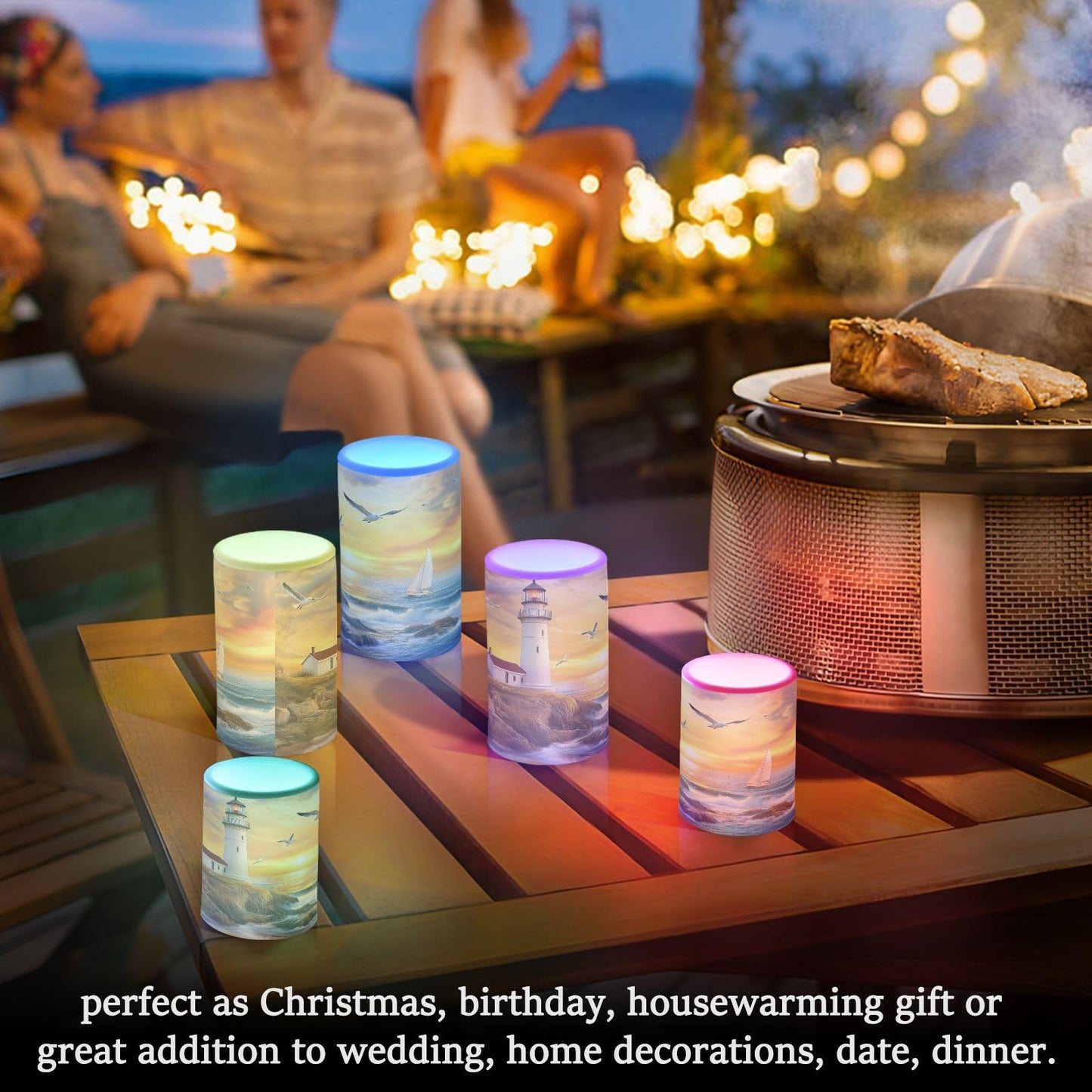 WEVIBOFU Lighthouse Ocean Seagulls Sailboat Flickering Flameless Candles LED Battery Operated with Remote Timer Pillar Candles for Home Birthday Wedding Christmas Decor, Set of 2