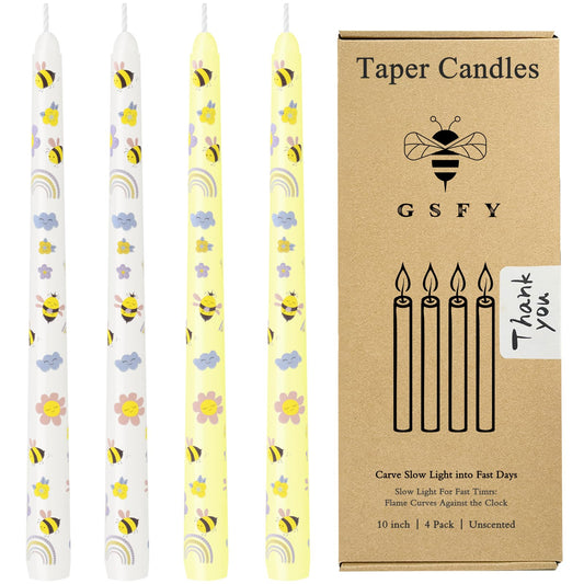 10 Inch Taper Candles with Honeybee Design – Smokeless Dripless Yellow Dinner Candles for Table, Party, Farmhouse Decor (4-Pack Assorted Yellow A)