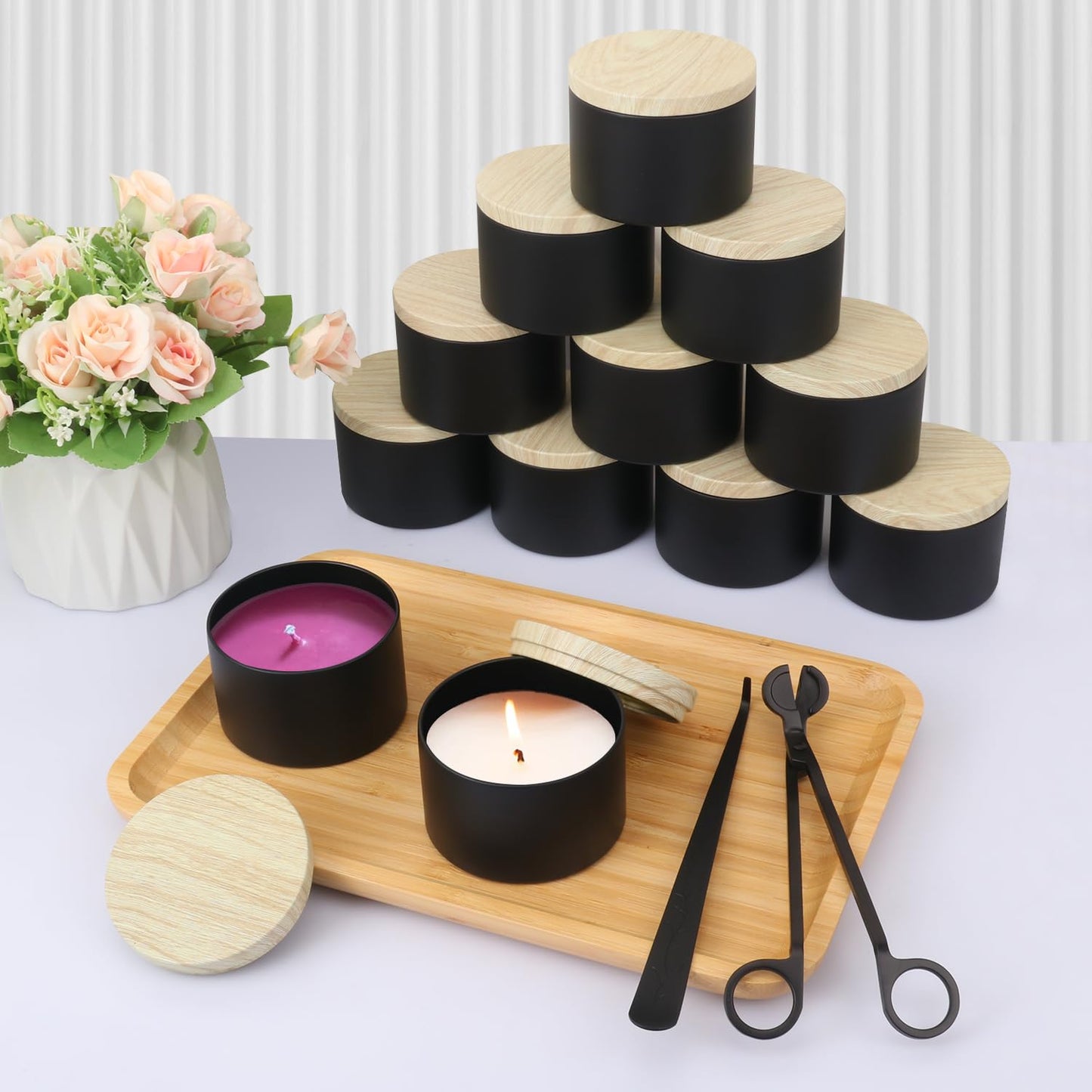 Biugaaufai 24 Pack 8 OZ Black Metal Candle Tins, Round Candle Tins with Wood Grain Lids for DIY Candle Making and Storage