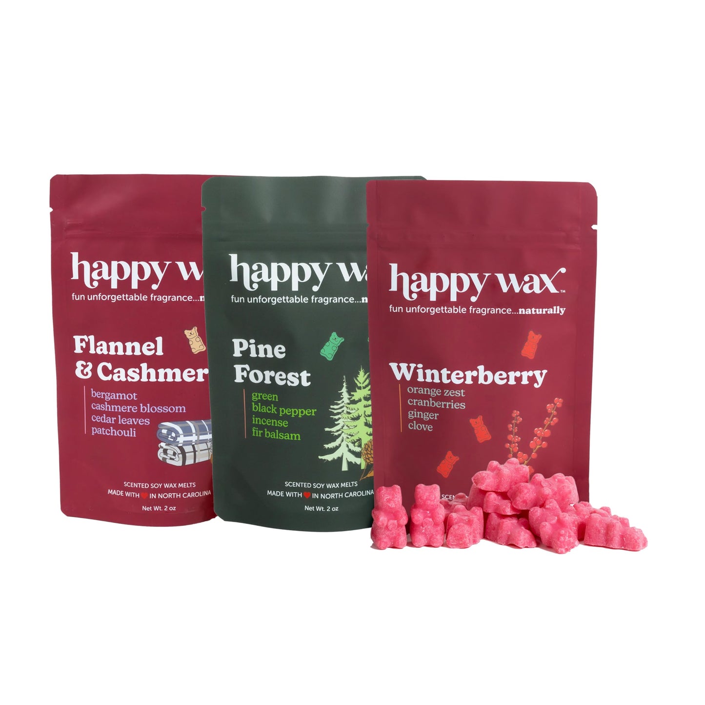 Happy Wax Winter Outdoors Mix Scented Natural, Non Toxic Soy Wax Melts; 6 Total Oz. of Holiday Scented Wax Melts, Collection Includes Flannel & Cashmere, Pine Forest and Winterberry