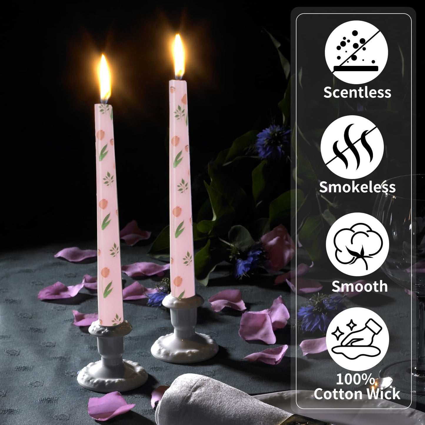 Taper Candles,10 inch 2pc Pink Tapered Candles with Tulip Printed, Unscented and Smokeless Long Burning Candles,Tall Candlesticks with Cotton Wicks,Ideal for Weddings, Home Décor
