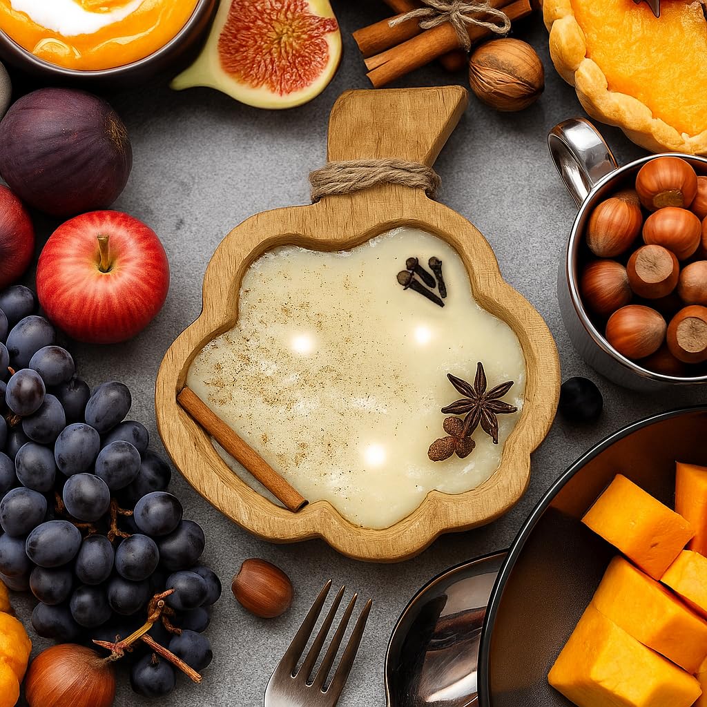 Dough Bowl Candle Co. Pumpkin Candle - 8" x 6" x 1.75" Pumpkin Spice Wooden Fall Candles with 35 Hour Burn Time, 3 Wick Fall Scented with 100% Soy Wax, Holiday Decorations, Autumn Room Decor