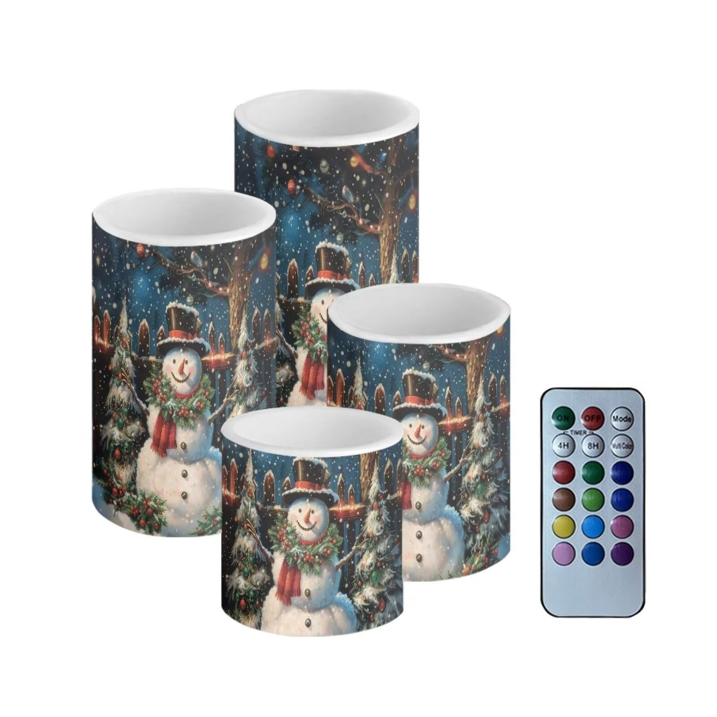NETILGEN 4 Pcs Flameless Electric LED Pillar Candles Lamps with Remote Timer Control Long Lasting for Christmas Snowy Field Cute Snowman Print