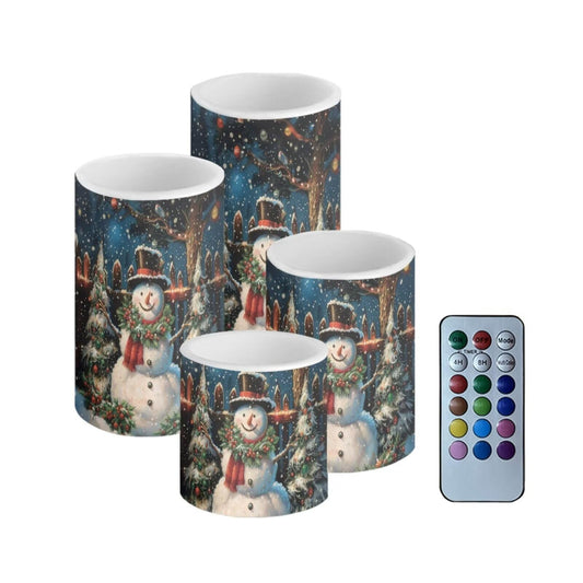 NETILGEN 4 Pcs Flameless Electric LED Pillar Candles Lamps with Remote Timer Control Long Lasting for Christmas Snowy Field Cute Snowman Print