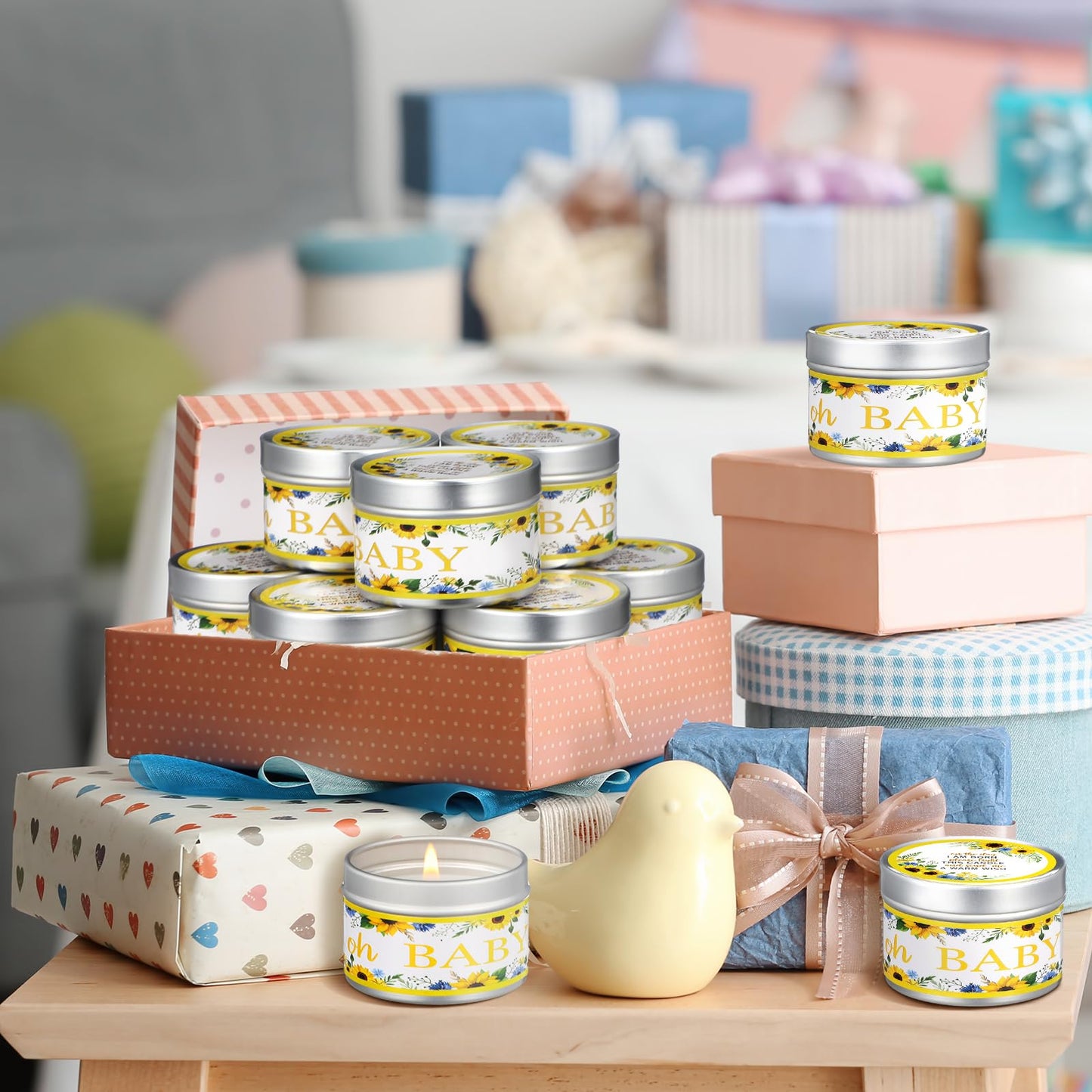 Funtery 12 Pcs Baby Shower Party Favors for Guests Baby Shower Candles Lavender Scented Candle Rustic Tealights Candles Gender Reveal Return Gifts(Sunflower)