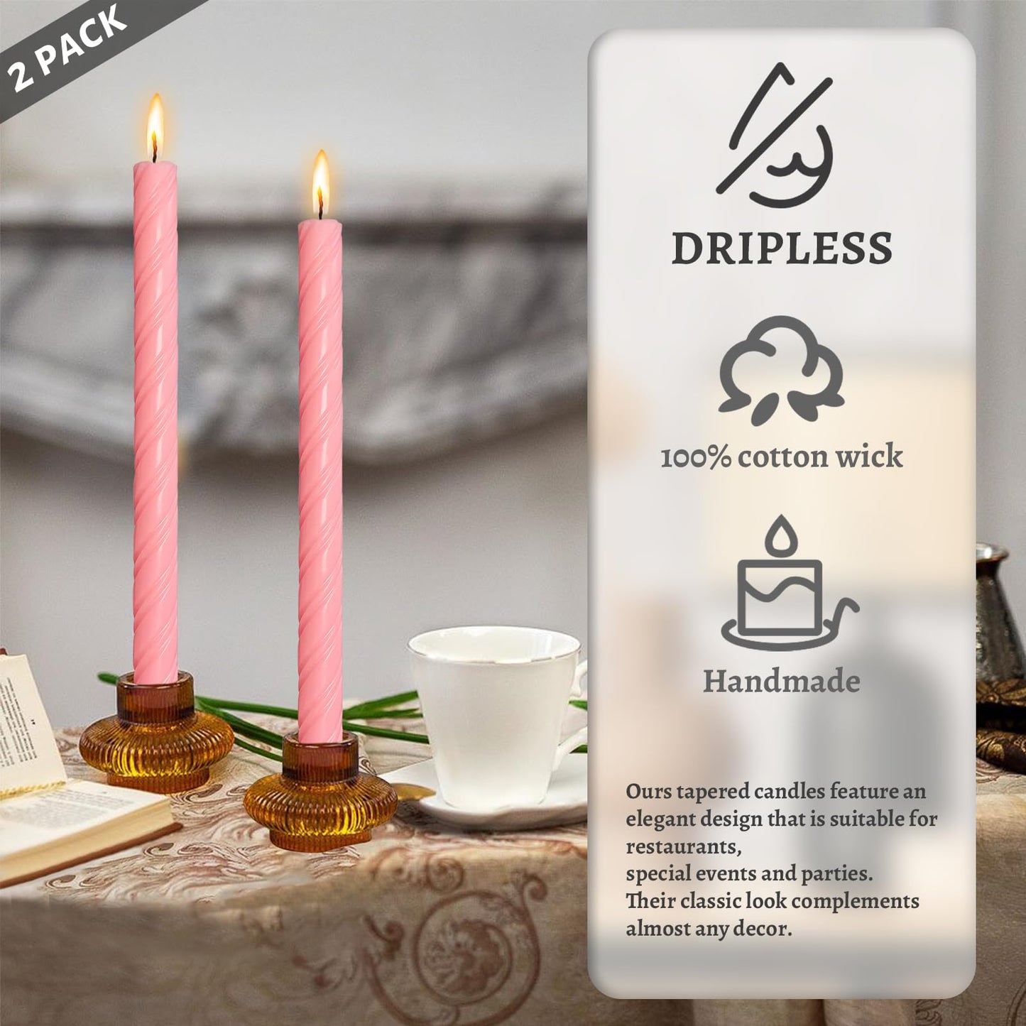 Dripless Spiral Taper Candles Unscented Pink Smokeless Long Dinner Candles 10 Inch Long Lasting Burn Candlesticks for Home Decoration Women Gifts(2Pcs)