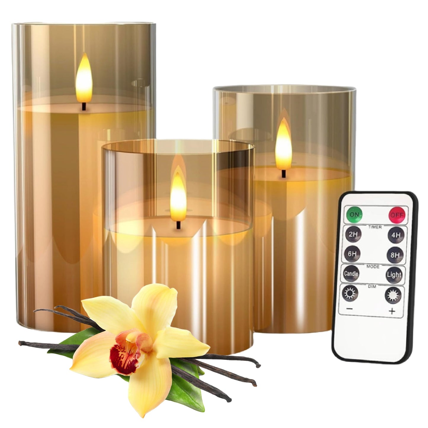 LinYang International Vanilla Scented Flameless LED Candles with Remote & Timer, Real Wax Flickering Pillar Candles in Glass,Battery Operated,for Home Decor,Spa,Gifts,Weddings,Holidays,Set of 3,Gold