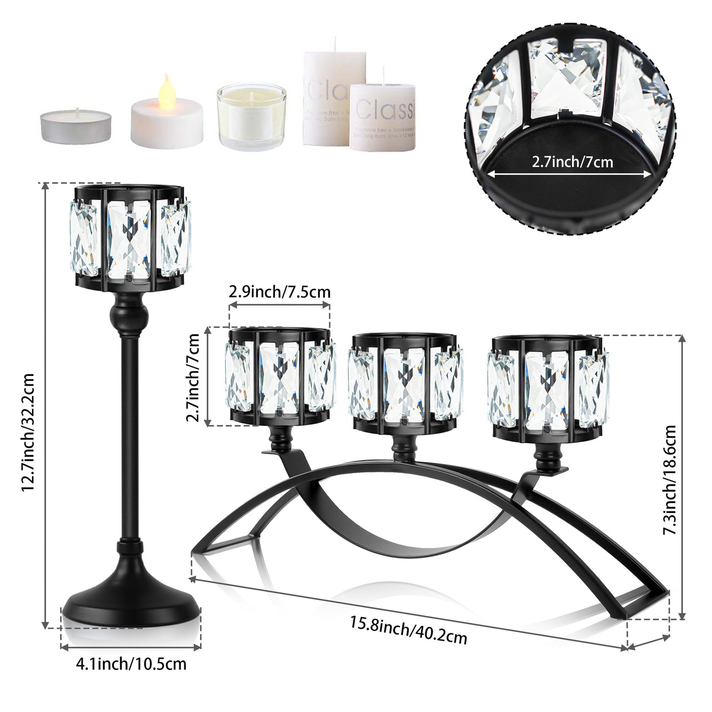 3 Arms Crystal Bowl Tealight Candelabra Votive Candle Stand, Wedding centerpieces for Tables Crystal Candlestick，Centerpiece Table Decorations (Set of Black)
