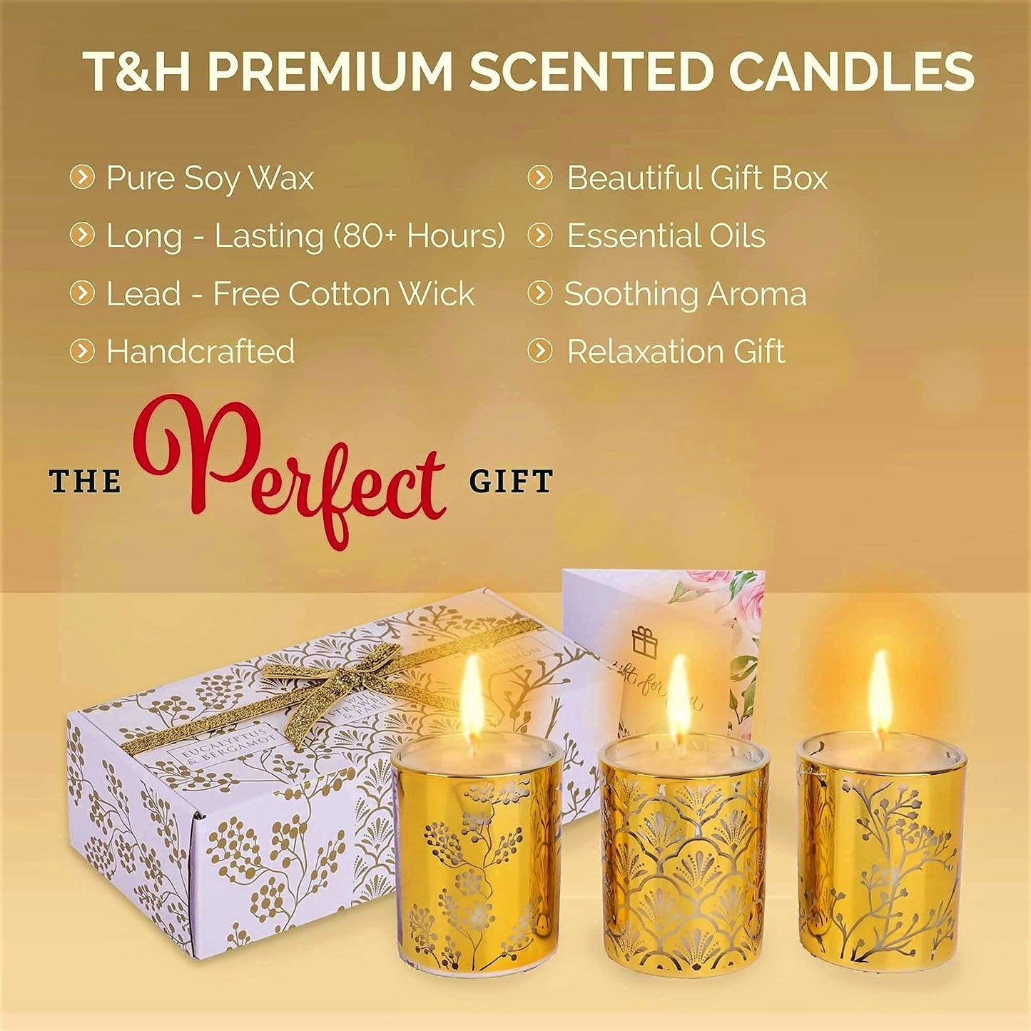 Aromatherapy Candle Gift Set of 3 Scented Candles | Strawberry Parsley, Persimmon, Eucalyptus Bergamot Soy Candles Set, Gold Candle Gifts, Relaxing Aromatherapy Candles Gift Set for Women and Men