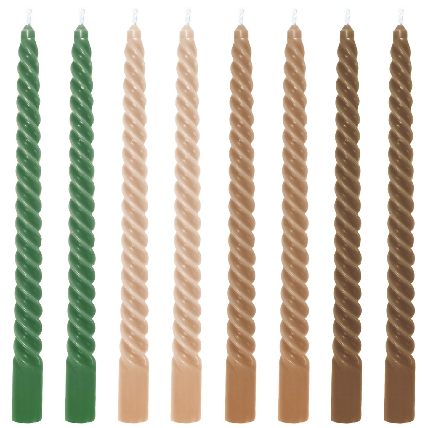 Whaline 8 Pcs 10 Inch Woodland Spiral Taper Candles Green Brown Dripless Twisted Wax Candles Long Unscented Candle Sticks for Home Forest Party Table Decor Supplies