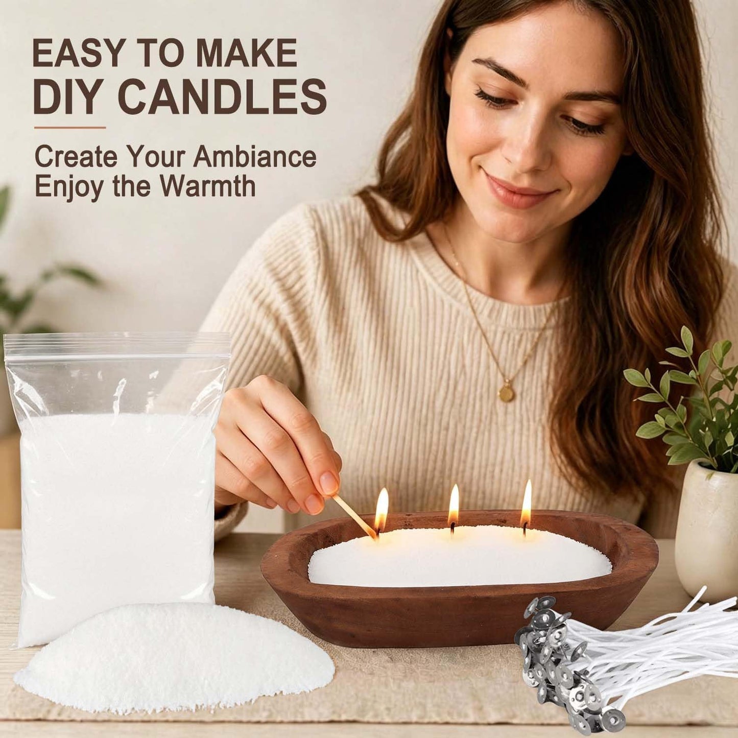 CLTNIKET 2LB Pure White Pearl Wax DIY Candles，Snow Sand Wax DIY Candle Making Kit - Complete Set with Wooden Bowl, 20 Cotton Wicks for Easy Crafting & Home Decor.