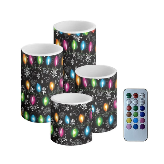 NETILGEN 4 Pcs Flameless Electric Candles LED Pillar Candles with Remote Timer Control for Holiday Decoration, Christmas Colorful Bulb Lights Print