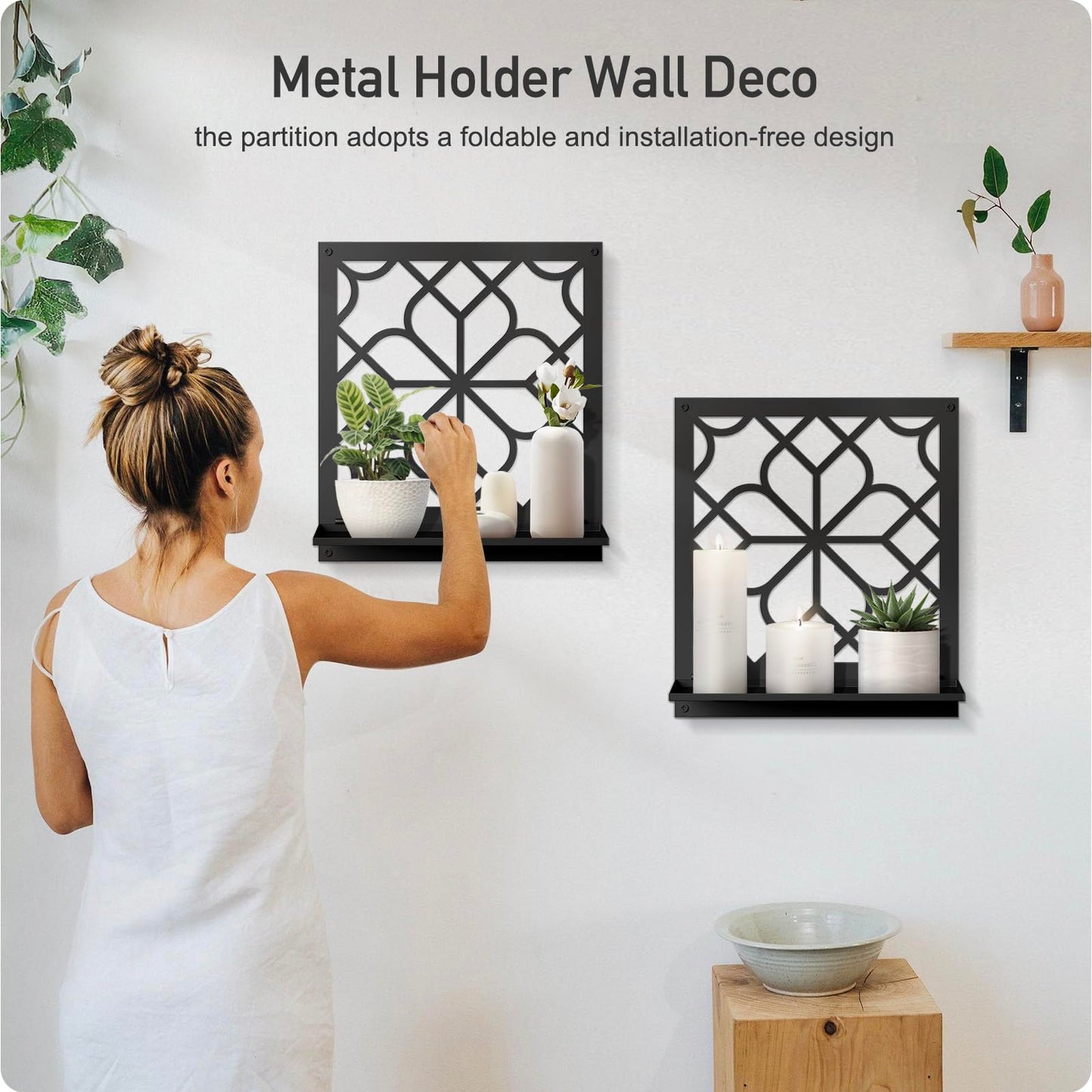 Black Metal Wall Candle Holder Set of 2, Square Rustic Farmhouse Bathroom Wall Decor, Modern Boho Aesthetics Line Art for Entryway, Hallway, Living Room, Bedroom (11.8 x 13 in)