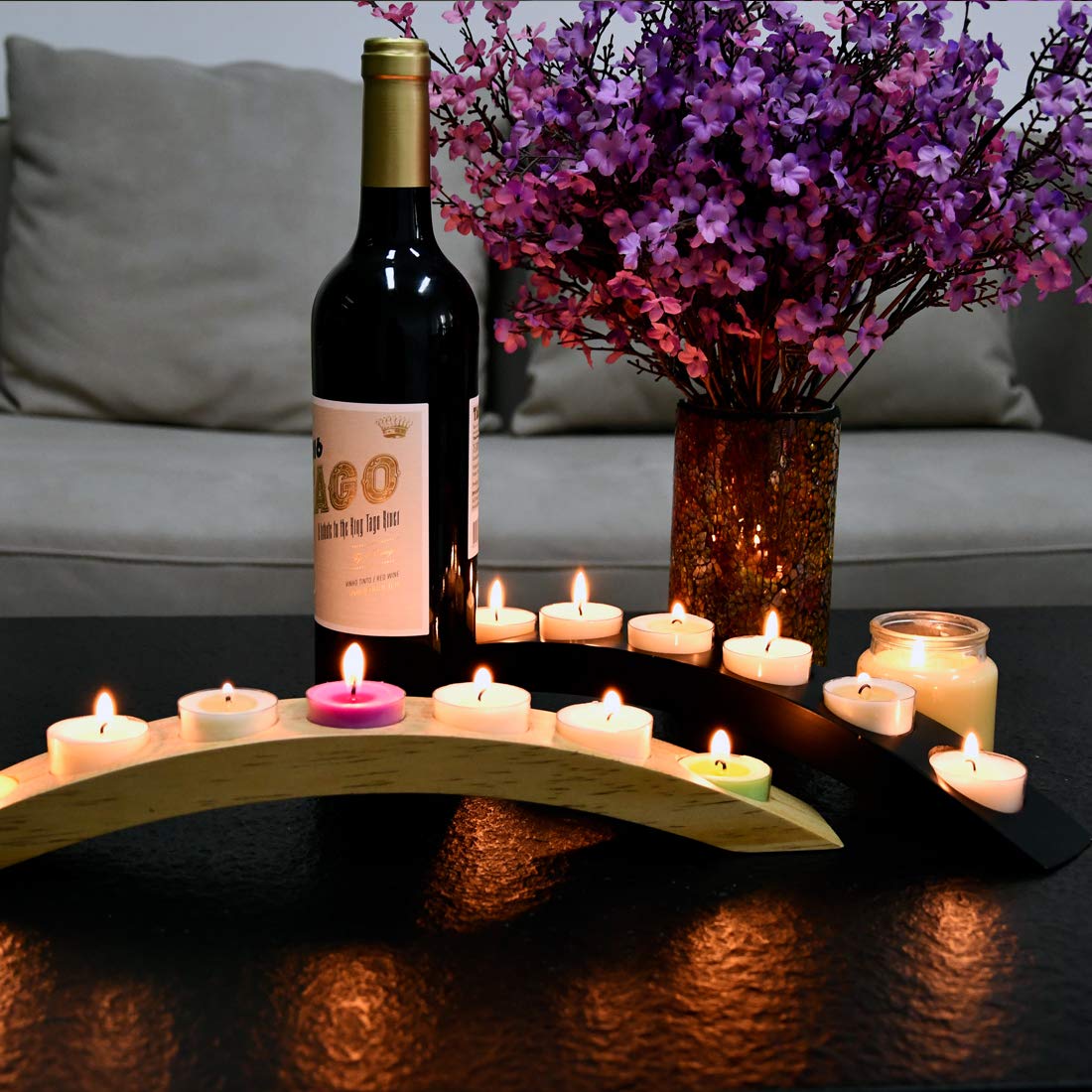 Wooden Tea Light Candle Holder Bar, Bridge Candle Holder Tray - 7 Holes - Natural Wood Color