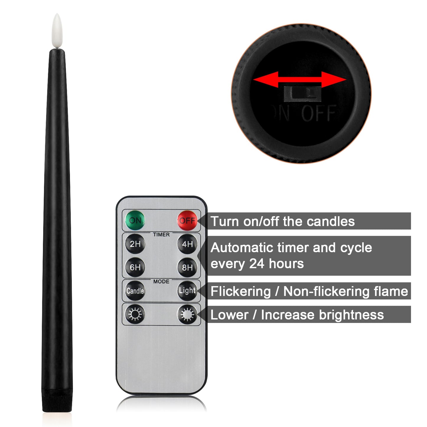 CVHOMEDECO. Flameless Taper Candles with 10-Key Remote, Battery Operated Led Flickering 3D Wick Window Candles Real Wax Finished Home Christmas Party Decor 0.78 x 11 Inch, Pack of 3, Black
