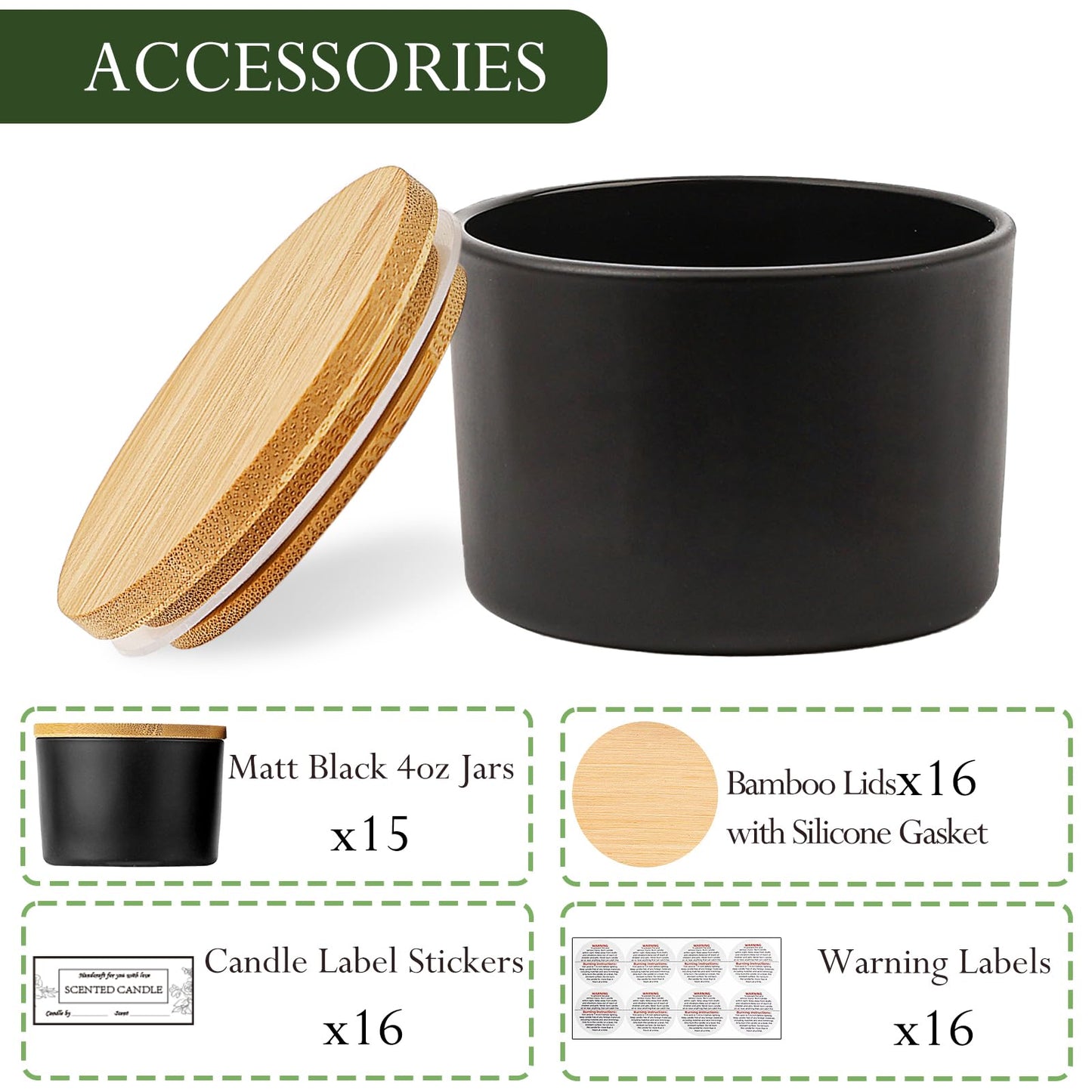 CONNOO 15 Pack 4 OZ Matte Black Glass Candle Jars with Airtight Bamboo Lids for Making Candles, Bulk Small Wide Mouth Empty Candle Containers with Sticky Warning Labels - Dishwasher Safe