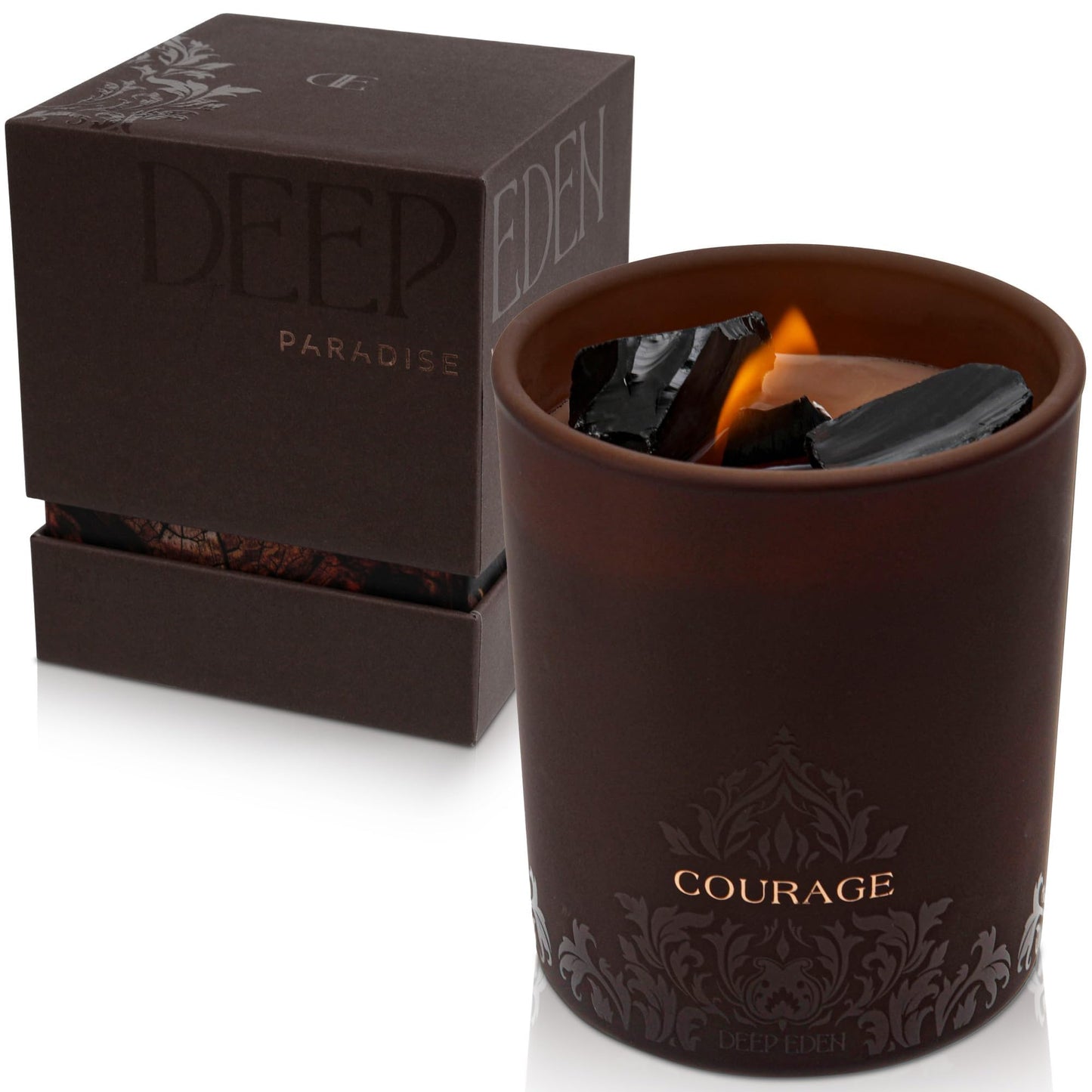 Forest Mahogany Scented Crystal Candle - Luxury Empowerment Candle with Black Tourmaline Crystals - 7.4oz Natural Soy, Coconut & Beeswax Wood Wick Candles for Men