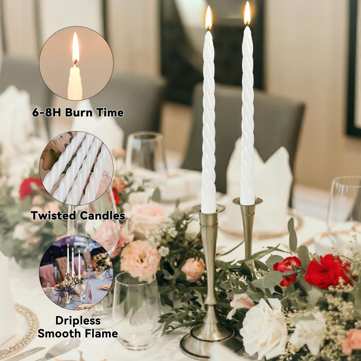 10 Inch White Twisted Spiral Taper Candles Set for Holiday Decor, 12 Pack Unscented Candlesticks, Dripelss Tapered Candles for Wedding Dinner Party Ceremony Religious