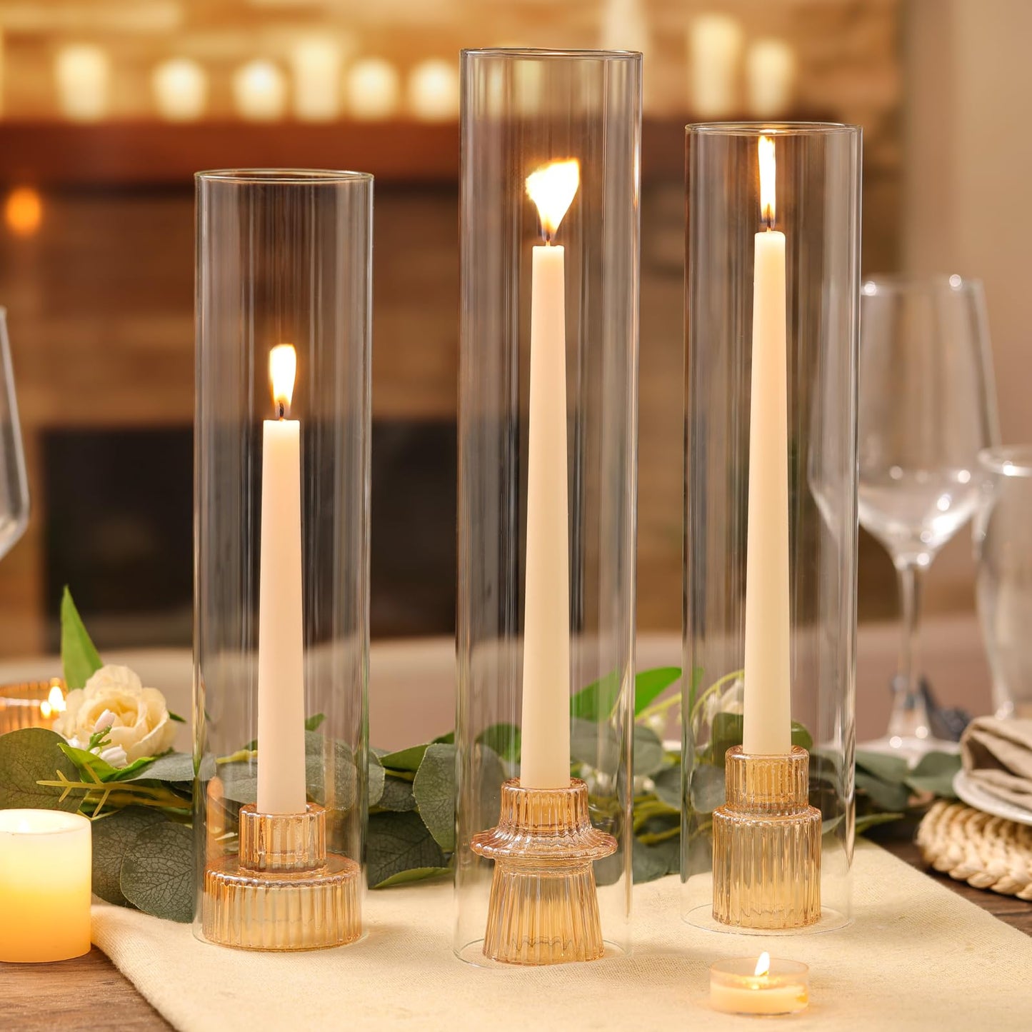 NITIME 9 Set Hurricane Glass Candle Holders for Table Centerpieces, Gold Candlestick Holders with Windproof Cylinder Covers(11.8"/12.6"/13.8" H), Taper Candle Holders for Wedding, Party and Home Decor