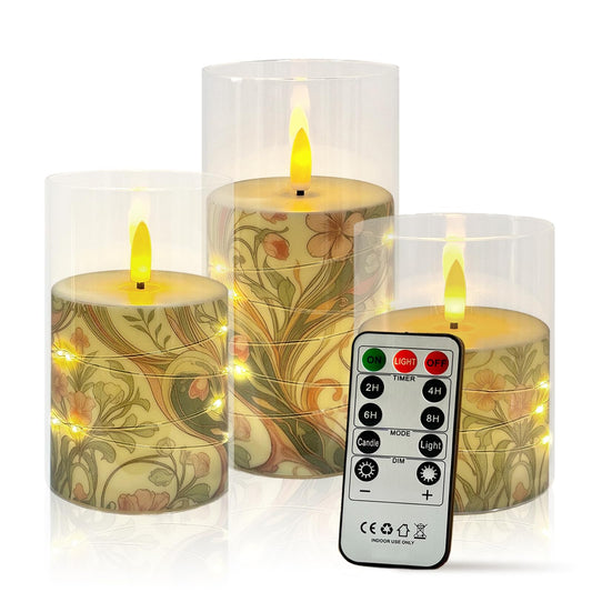 Flickering Flameless Candles Pink Floral, Embedded Star String Lights, Battery Operated Acrylic LED Pillar Candles with 11-Key Remote and Timer for Home Decoration, 3 Pack