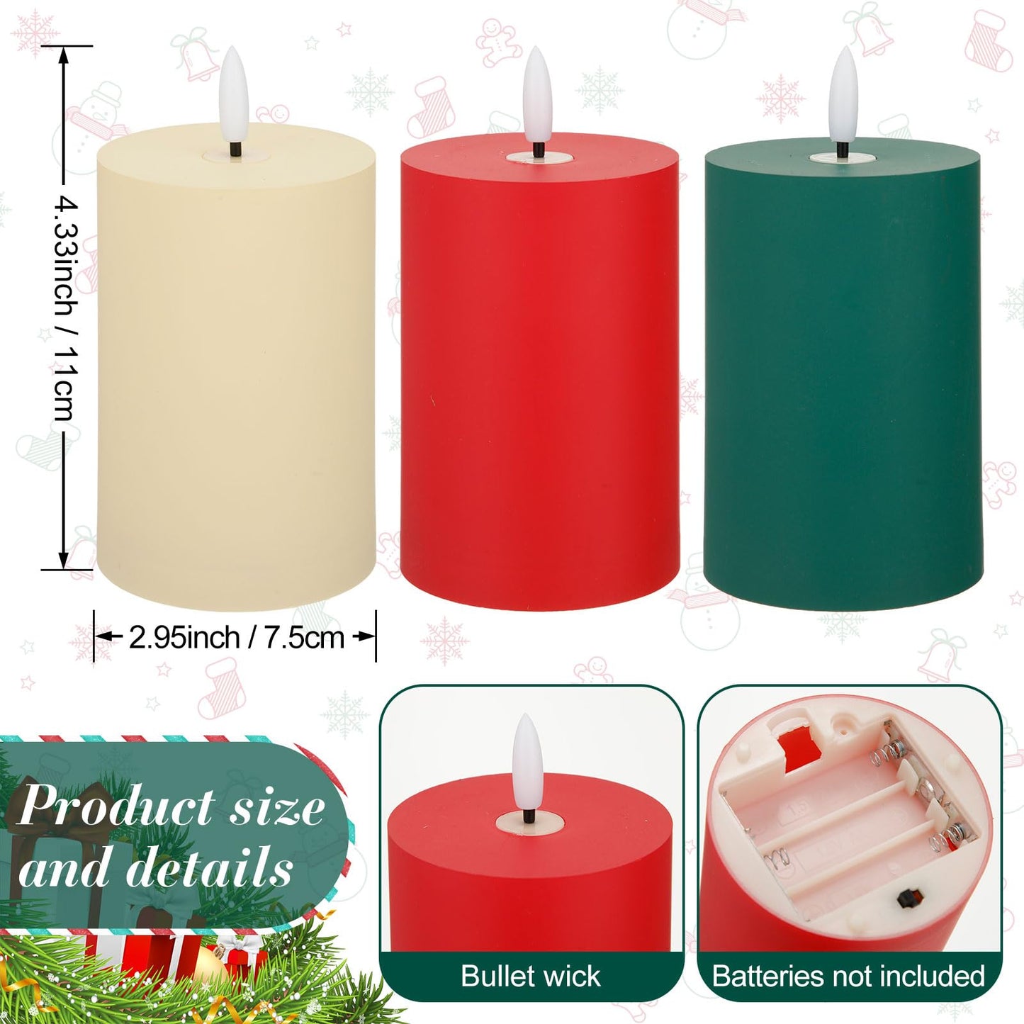 Tuanse 6 Pcs LED Flameless Candles 4.3" Battery Operated LED Lights Electric Decorative Pillar Candle for Wedding Party Decorations Room Dinner Decor Gifts(Green, Red, Ivory)