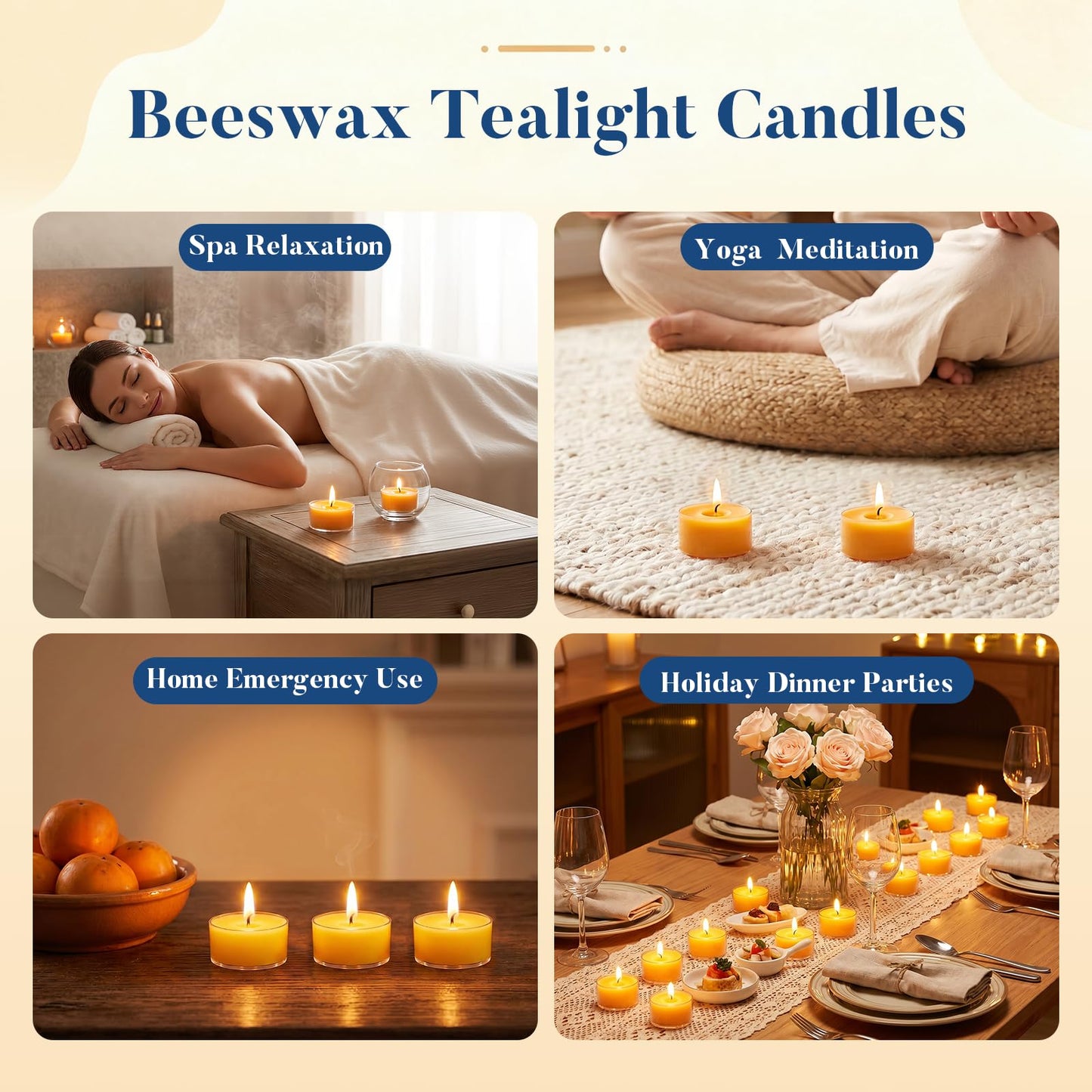 Crenovo Tea Lights Beeswax 48 Pack, 8-Hour 100% Pure Bees Wax Tealight Candles, Smokeless Unscented Votive Cup Candles for Home Spa Meditation Relaxation