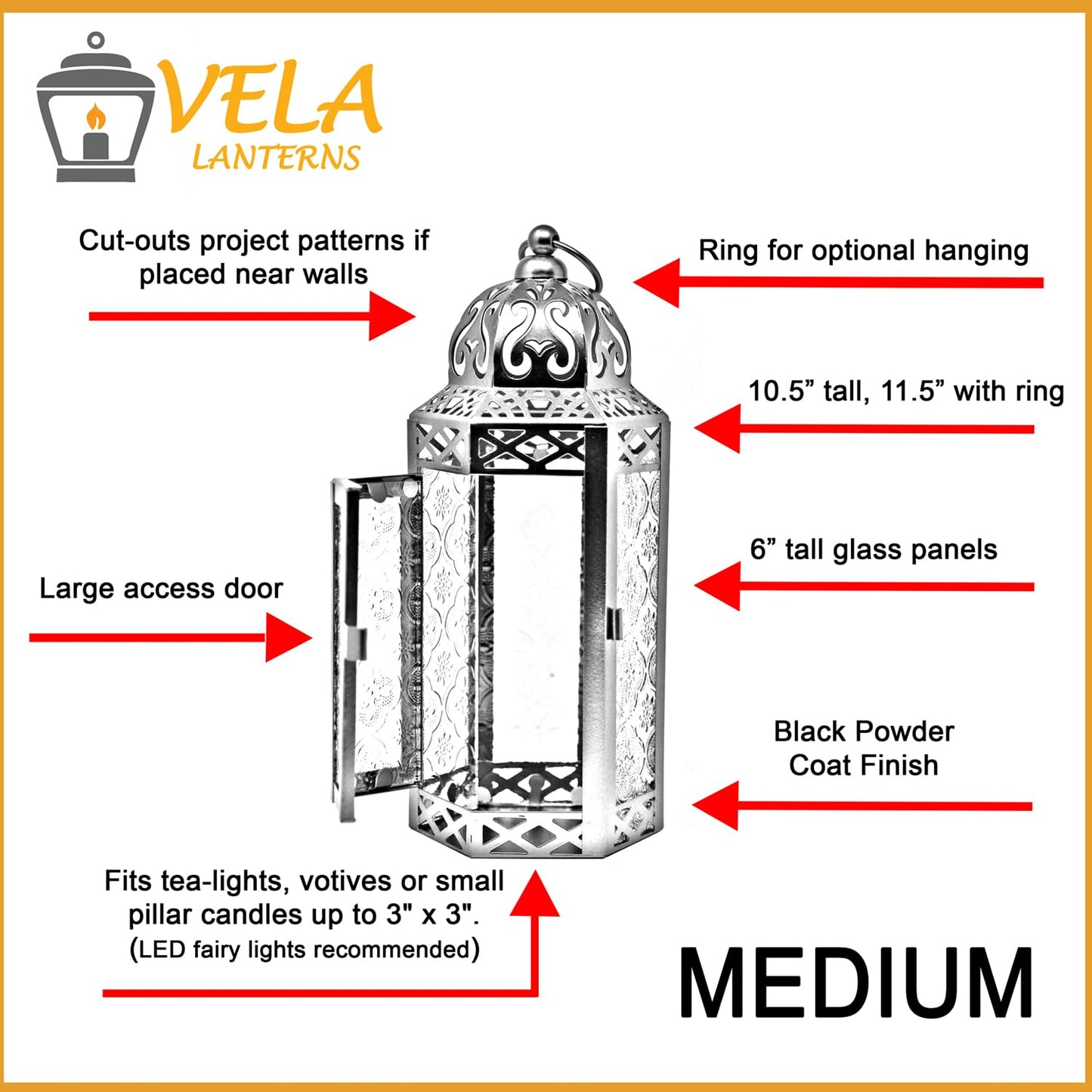 Vela Lanterns Decorative Indoor Moroccan Candle Holder & LED Fairy Lights -Twinkle Turkish Lamp, Fantasy Home Decor Table Centerpieces, Hanging Outdoor Patio Porch Wedding Ramadan (10.5", Blue)