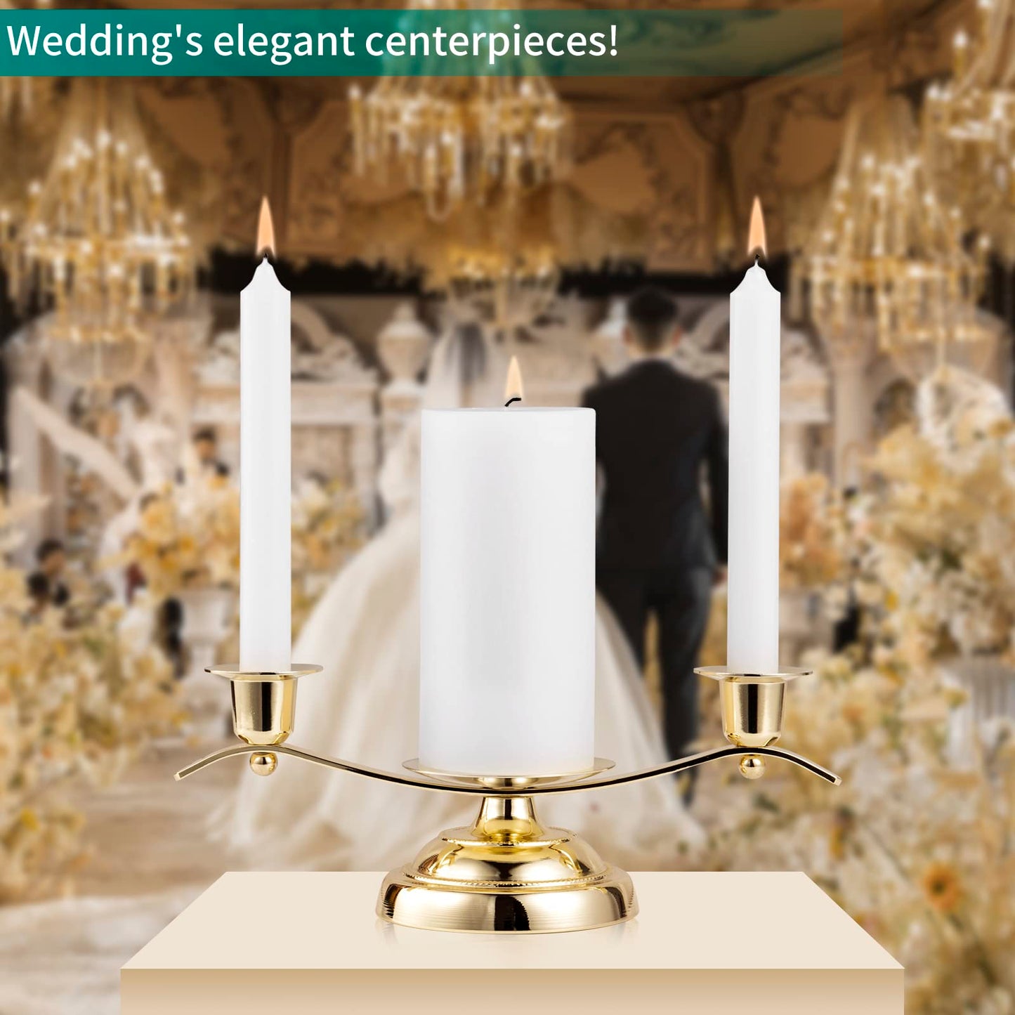 Gold Unity Candle Holder for Wedding and Gifts, ARCHOBAN 3-Candle Design Candle Holder with Stabilizing Pin and Side Support Pegs, Perfect for Unity Candles for Wedding, Anniversaries.