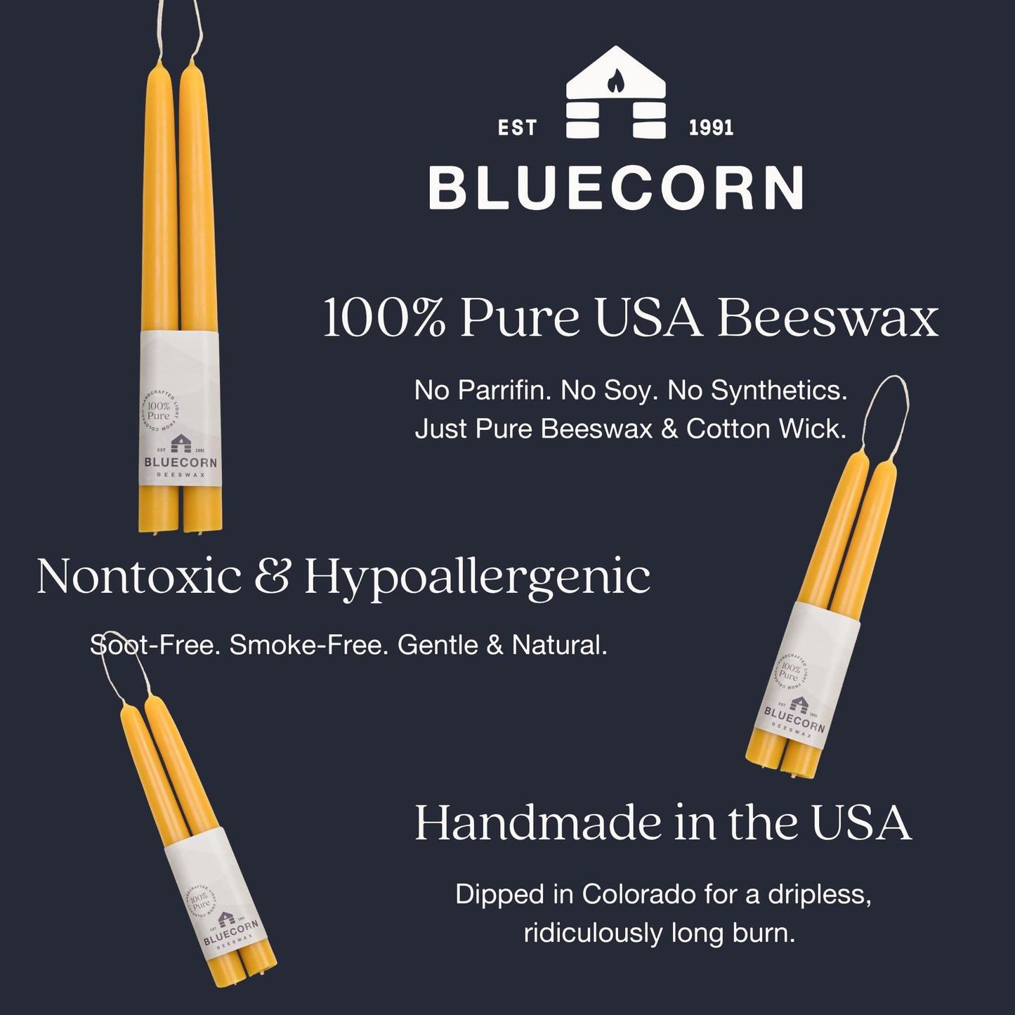 Bluecorn Beeswax Taper Candles, 100% Pure Natural Bees Wax, Pair of 12 Inch Ivory White Tapered Candlesticks, Clean Burning & Dripless, Fragrance Free, Long Lasting, Home Decor, American Made, 1 Count