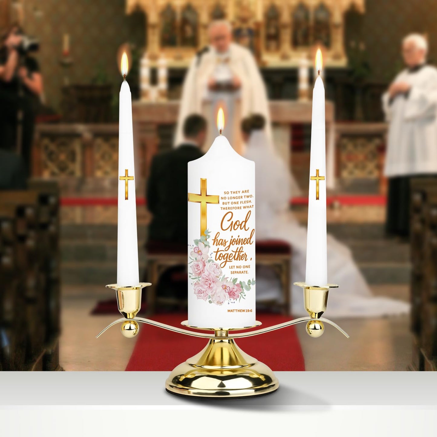 LakWilows Unity Floral Candles for Ceremony with Gold Metal Holder, Wedding Candle with Cross & Scripture, Christian & Catholic Wedding Ceremony Candle for Bride and Groom