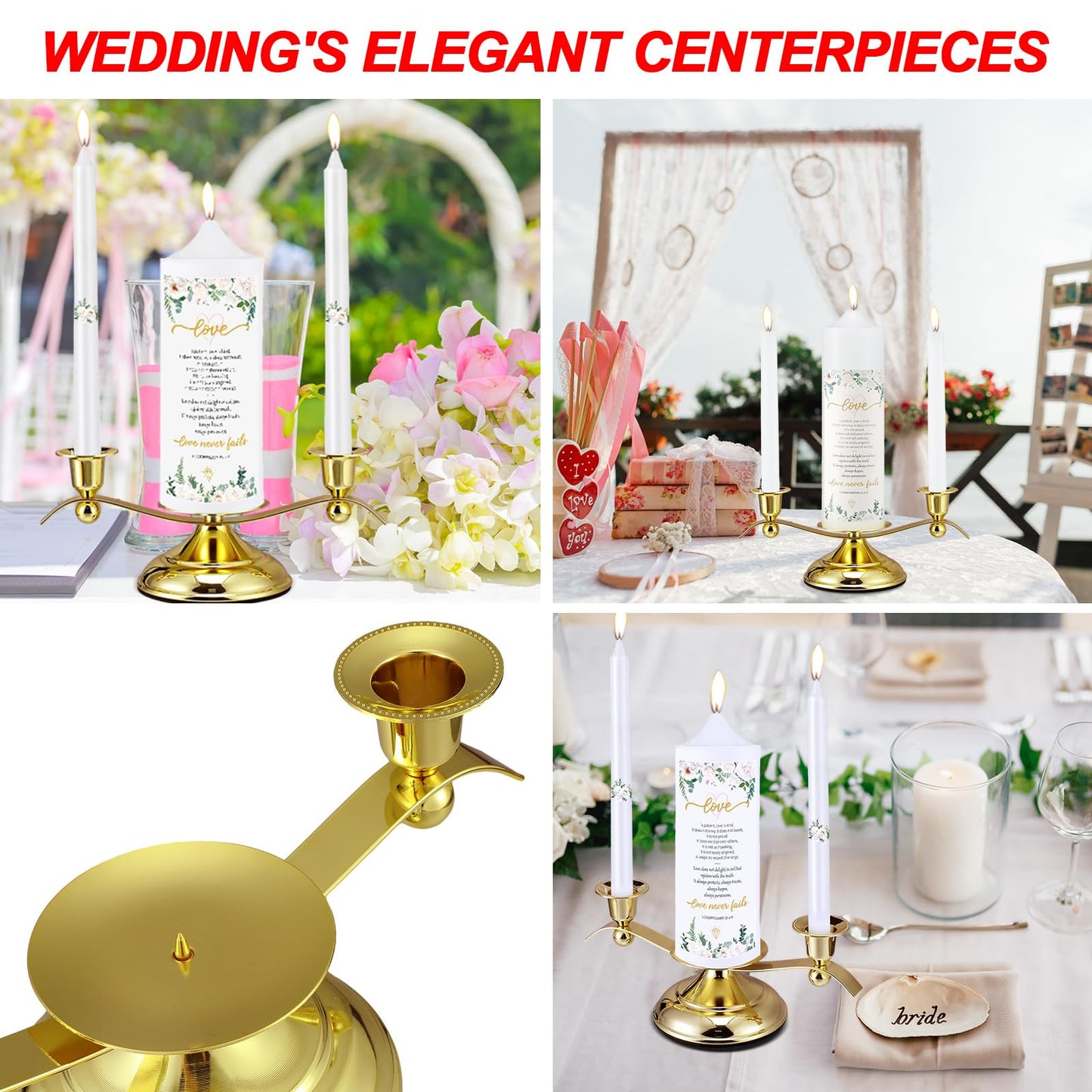 Landhoow 3 Unity Floral Candles for Wedding Ceremony Set with Golden Holder White Pillar and Taper Candles Religious Wedding Catholic Anniversary Big Events Gifts for Couple
