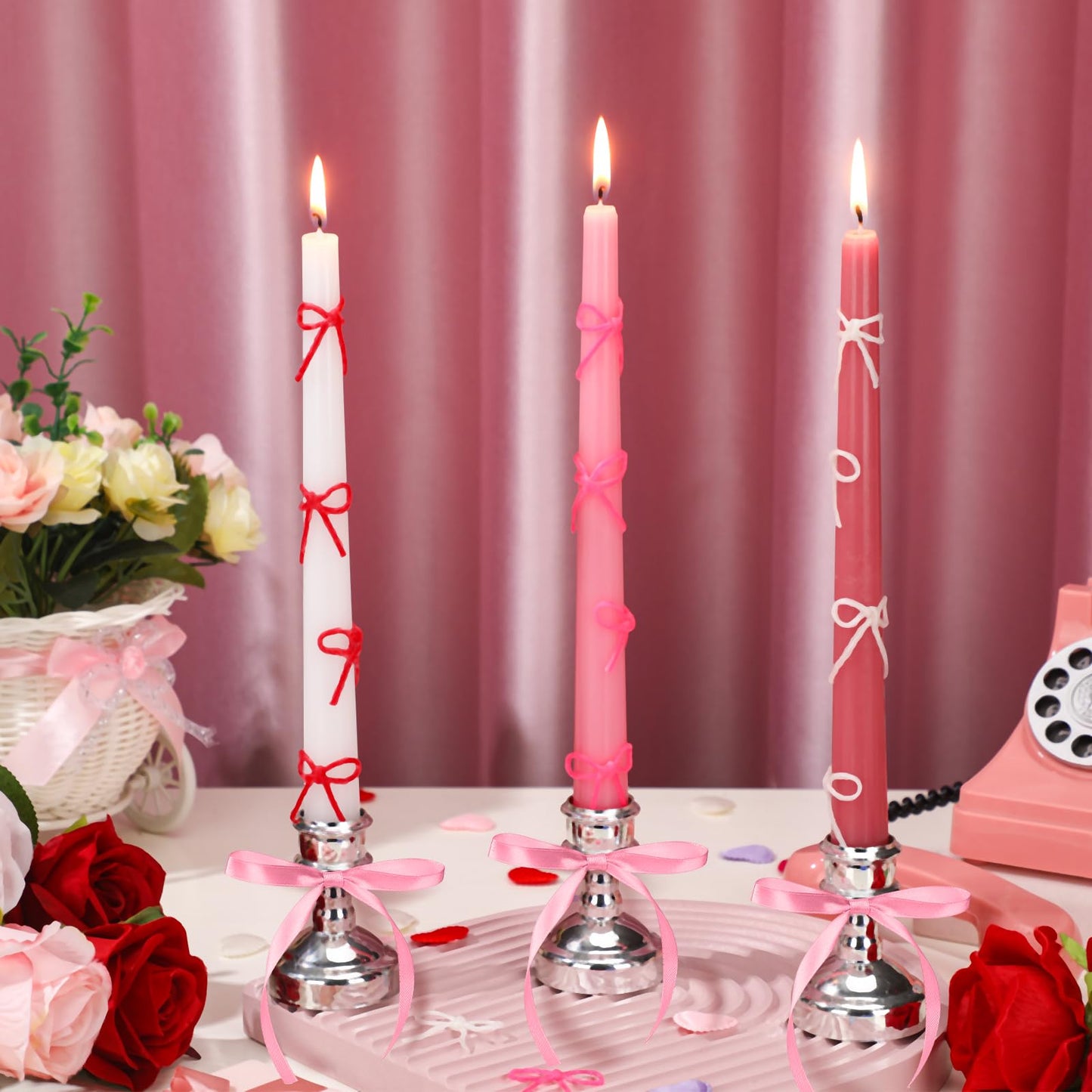 Conelist 12 Set Pink Bow Taper Candles Coquette Birthday Decoration Candles Pink Candlesticks with Wax Stick for Bridal Shower Wedding Dinner Decorations for Birthday Anniversary Party
