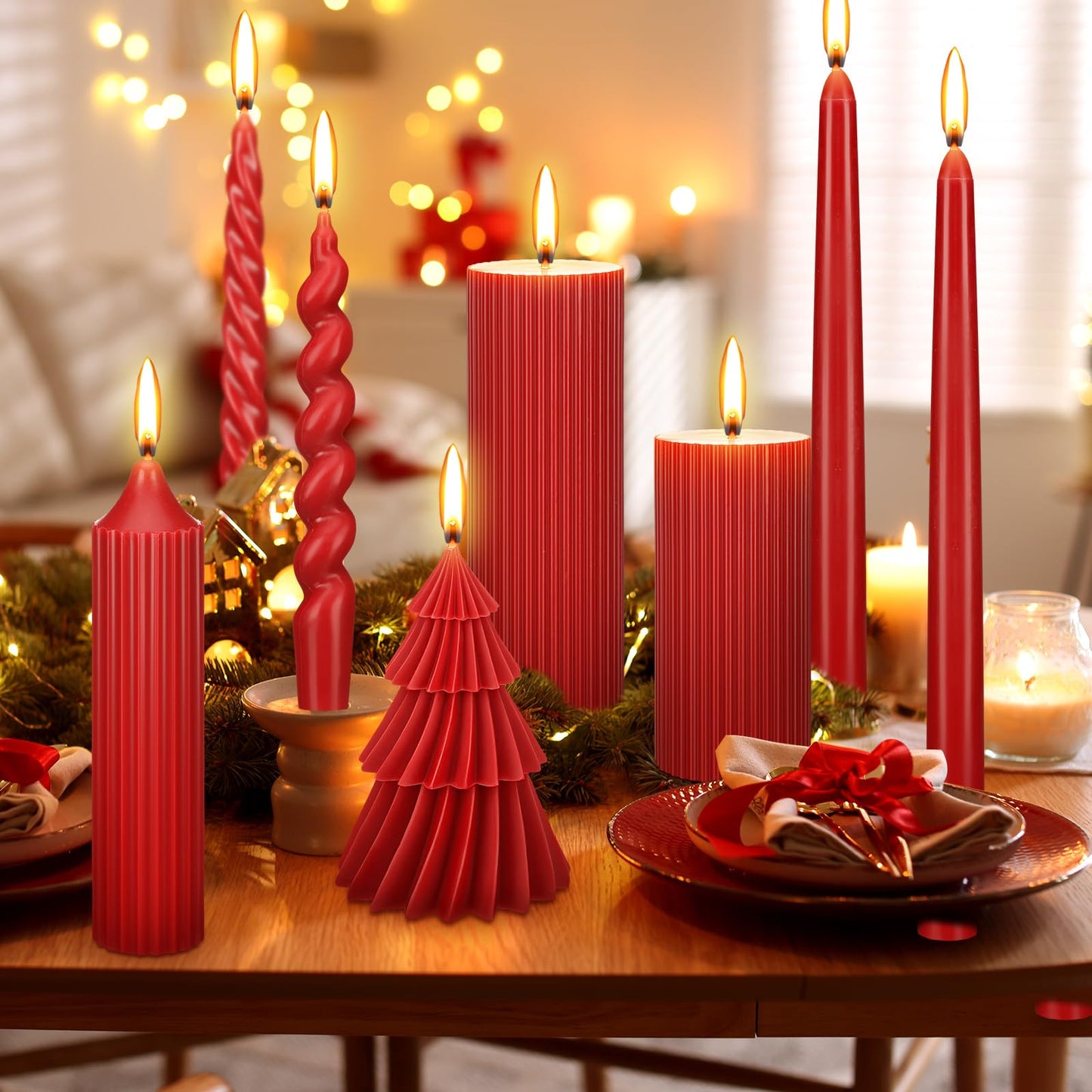 Nuanchu 8 Pieces Christmas Candle Stick Sets Spiral Taper Twisted Candlesticks Scented Smokeless Soy Wax for Wedding Holiday Dinner Home Decorations(Red)