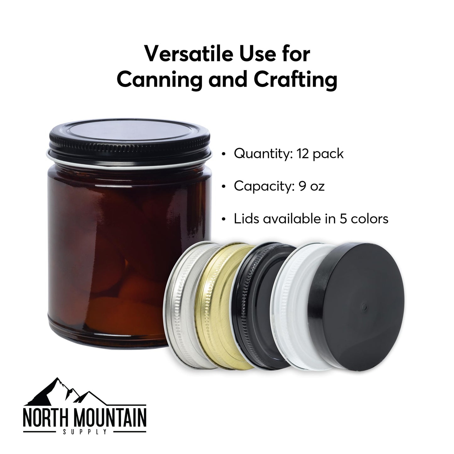 North Mountain Supply 9 Ounce Amber Glass Straight Sided Mason Canning Jars - with 70mm White Metal Lids - Case of 12