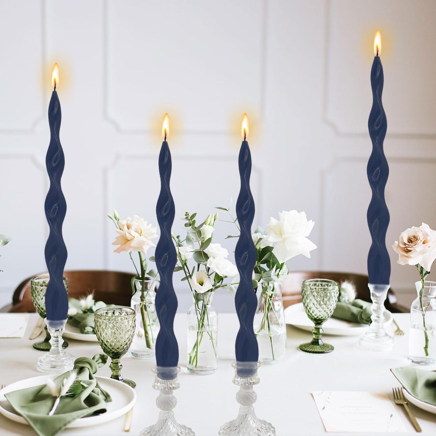 NJAO HOO Navy Spiral Taper Candles 10 Inch Twisted Candlesticks Unscented Ripple Tapered Candles Set for Dinner Table Decor Party Wedding, 4 Pcs