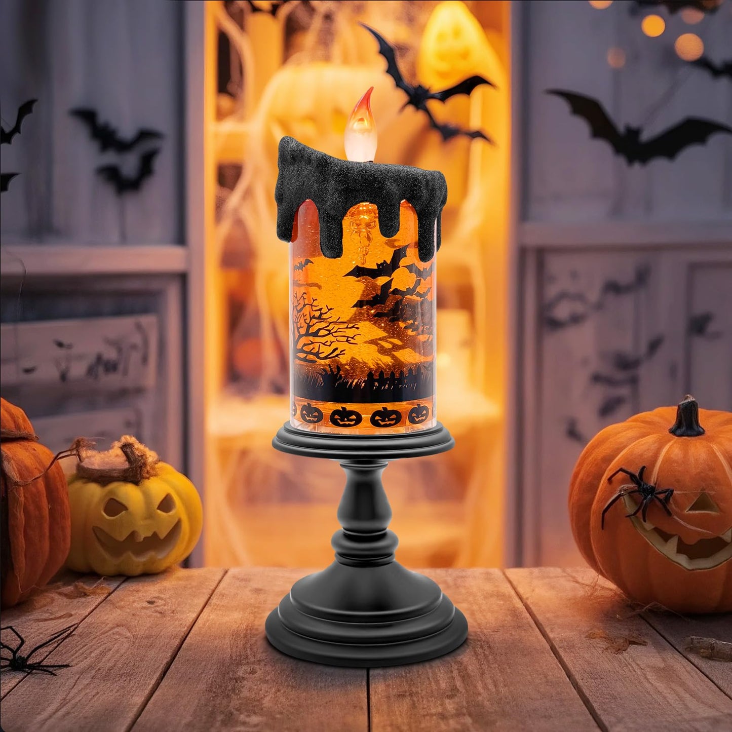 Halloween Snow Globe Flameless Candle – Lighted Halloween Glitter Lantern with Spinning Water and Timer, Pumpkin & Bat Scene Halloween Decor for Home, Party, Table Centerpiece