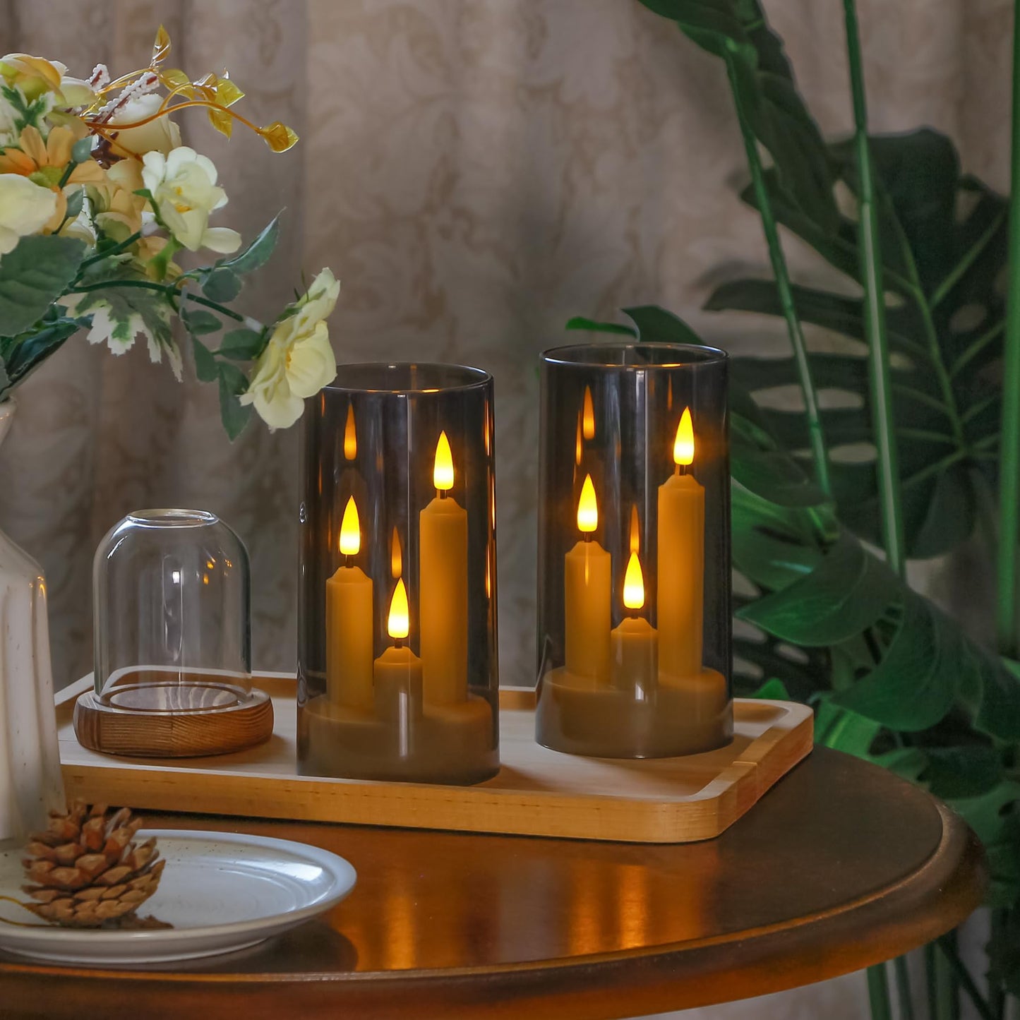 Zevanor 3 in 1 Flameless Taper Short Candles with 10 Key Remote Control and Timer, Battery Operated Pack of 2 LED Acrylic 3" x6" Grey Pillar Flickering Warm Light