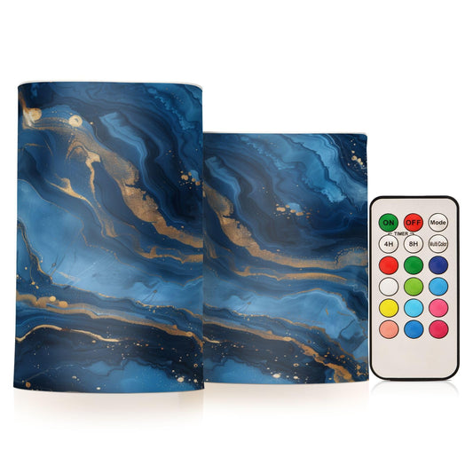 WEVIBOFU Blue and Gold Marble Flickering Flameless Candles LED Battery Operated with Remote Timer Pillar Candles for Home Birthday Wedding Christmas Decor, Set of 2