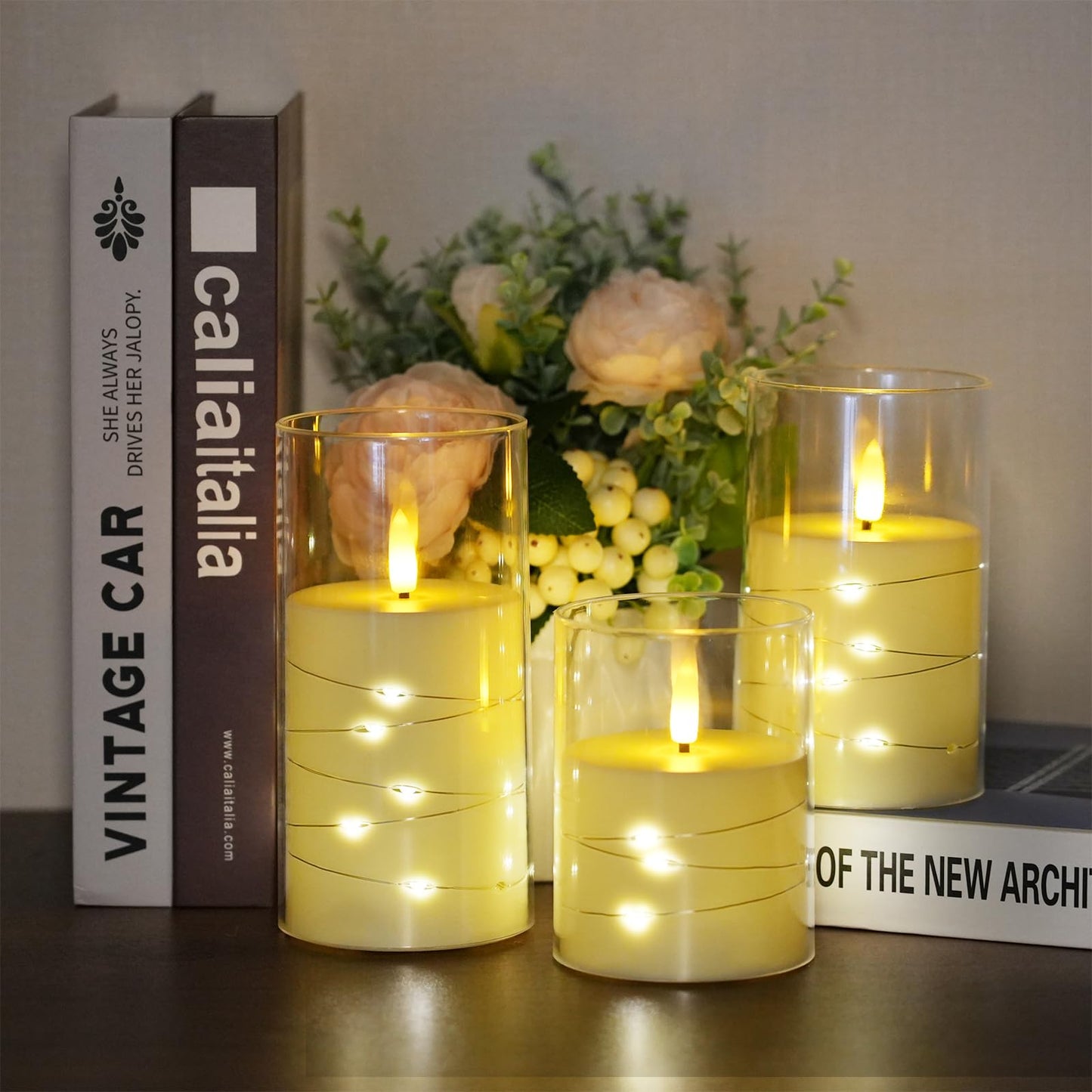 Homwamee Flickering Flameless Candles with Remote Timer- LED Candles Set of 3(4”/5”/6”), Battery Powered Candle in Glass Safe for Home/Wedding/Party/Table