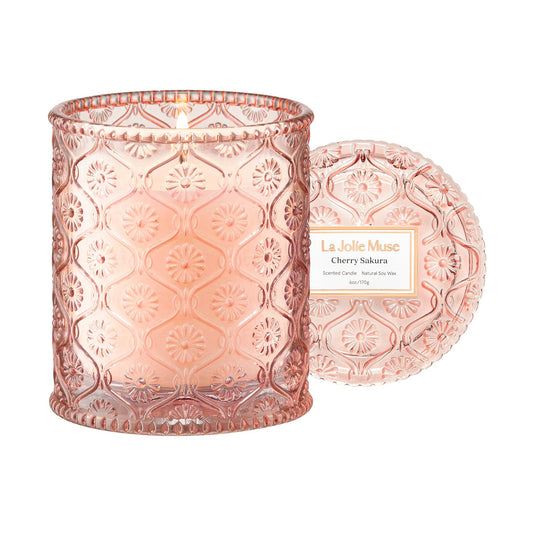 LA JOLIE MUSE Cherry Sakura Candle - Cherry Blossom, Rose, Sandalwood | 6 oz Natural Soy Wax | 40 Hours Clean Burn | Floral Scented Candle | Gift-Ready for Hosts & Gatherings