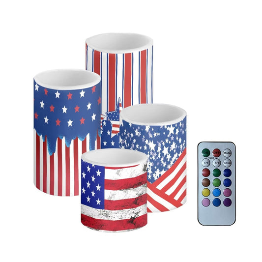 NETILGEN Patriotic USA Flag Flickering Flameless Pillar Candles LED Candles with Remote/Timer, Color Changing Battery Operated Candles 4 Packs for Independence Day Decor