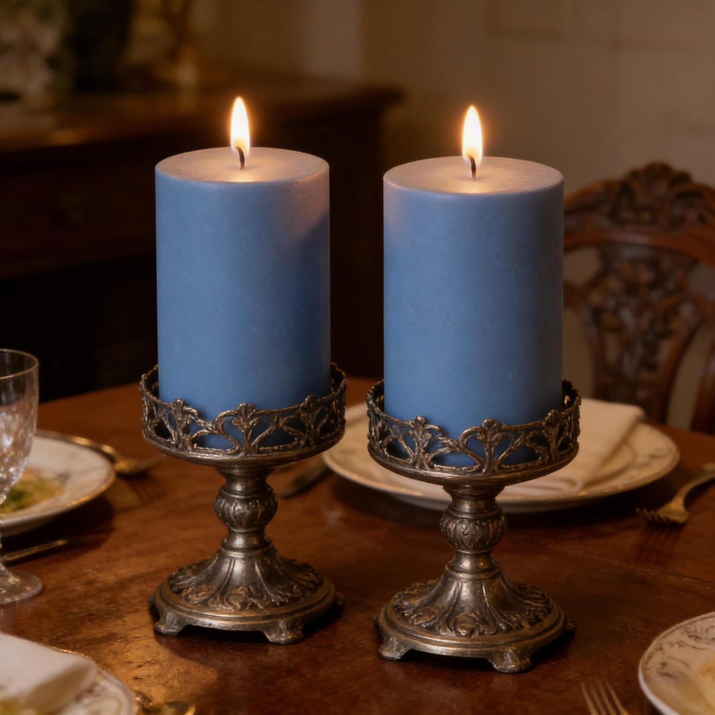 2 Pack 3x6 Inch Dusty Blue Unscented Pillar Candles - 70 Hour Long Burning Dripless Smokeless Candles for Home Decoration