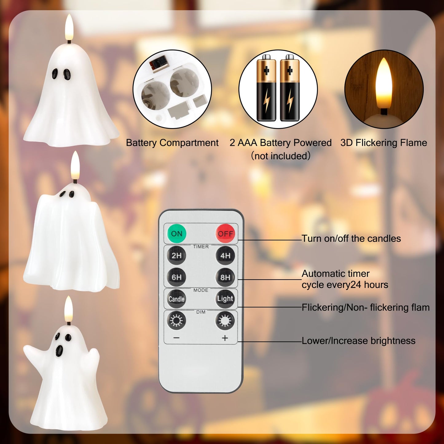JOIONE Halloween Flameless Candles with Remote, 3D Flickering Flame Real Wax LED Battery Operated Candles, Cute Ghost Halloween Candle for Party and Home Decorations, Set of 3
