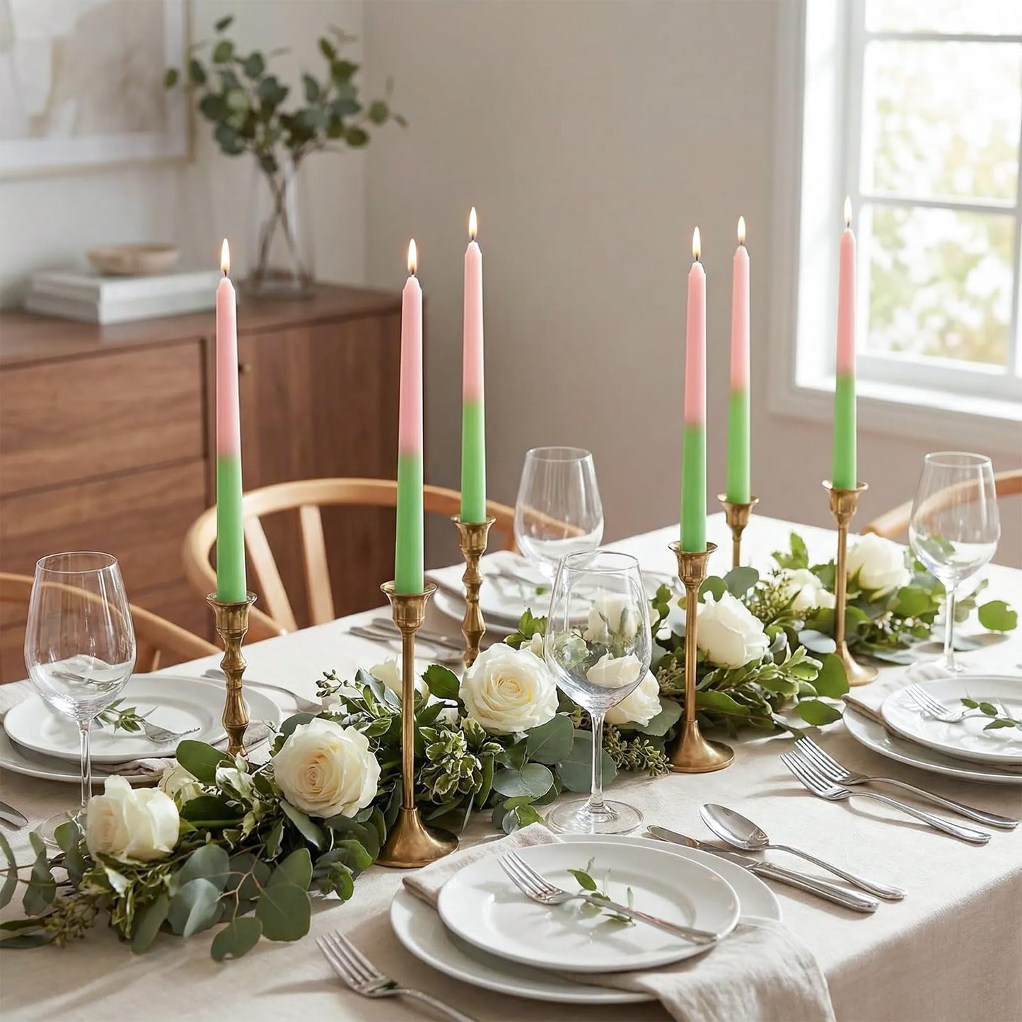 JarThenaAMCS 6Pcs Pink and Green Taper Candles 10 Inch Long Unscented Candle Sticks for Witch Princess Birthday Holiday Wedding Party Home Dining Table Decor