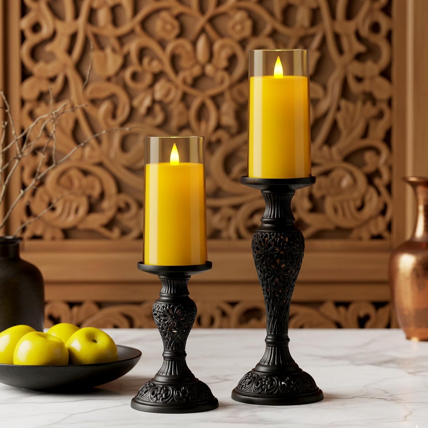 Homemory Realistic Flickering Flameless Candles, Battery Operated Candles, LED Fake Electric Candle with Remote Control and Timer for Home, Christmas Decoration, Gold, Set of 2 (H 6" 6")