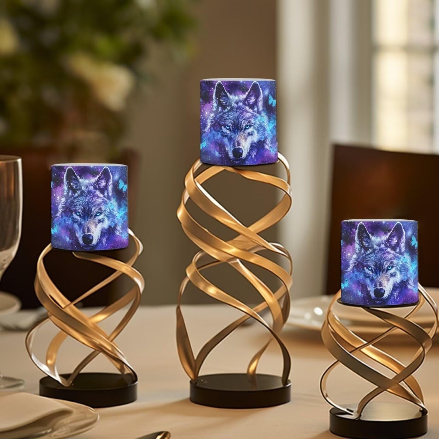NETILGEN Flameless Candles with Remote Control Timer LED Pillar Candles Set of 4 Battery Operated Candles for Home Living Room Decor Blue Galaxy Wolf Print